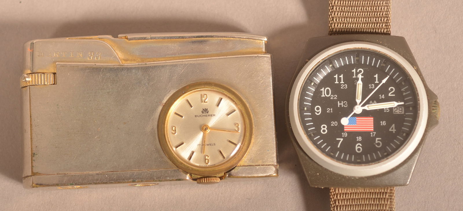 Vintage Bucherer 17-Jewel Lighter Watch.: Vintage Bucherer 17-Jewel Lighter Watch. Plus an American flag wristwatch.