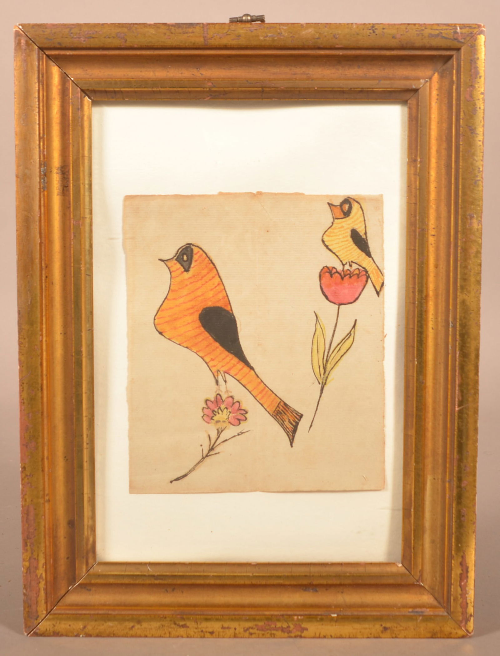 19th C. Watercolor & Ink Fraktur Drawing of Birds. (1 of 5)