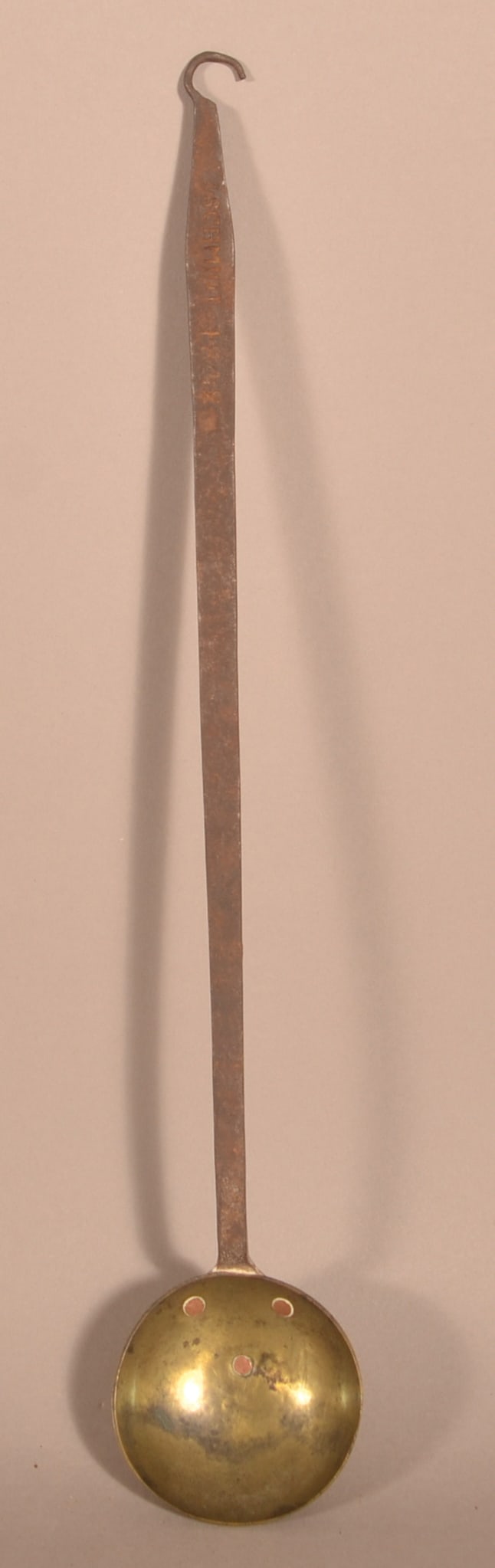 Wrought Iron Spoon Stamped "J. Schmidt 1842".: Wrought Iron Tasting Spoon Stamped "J. Schmidt 1842". (Berks County, PA). With brass bowl attached with copper rivets.16"l.