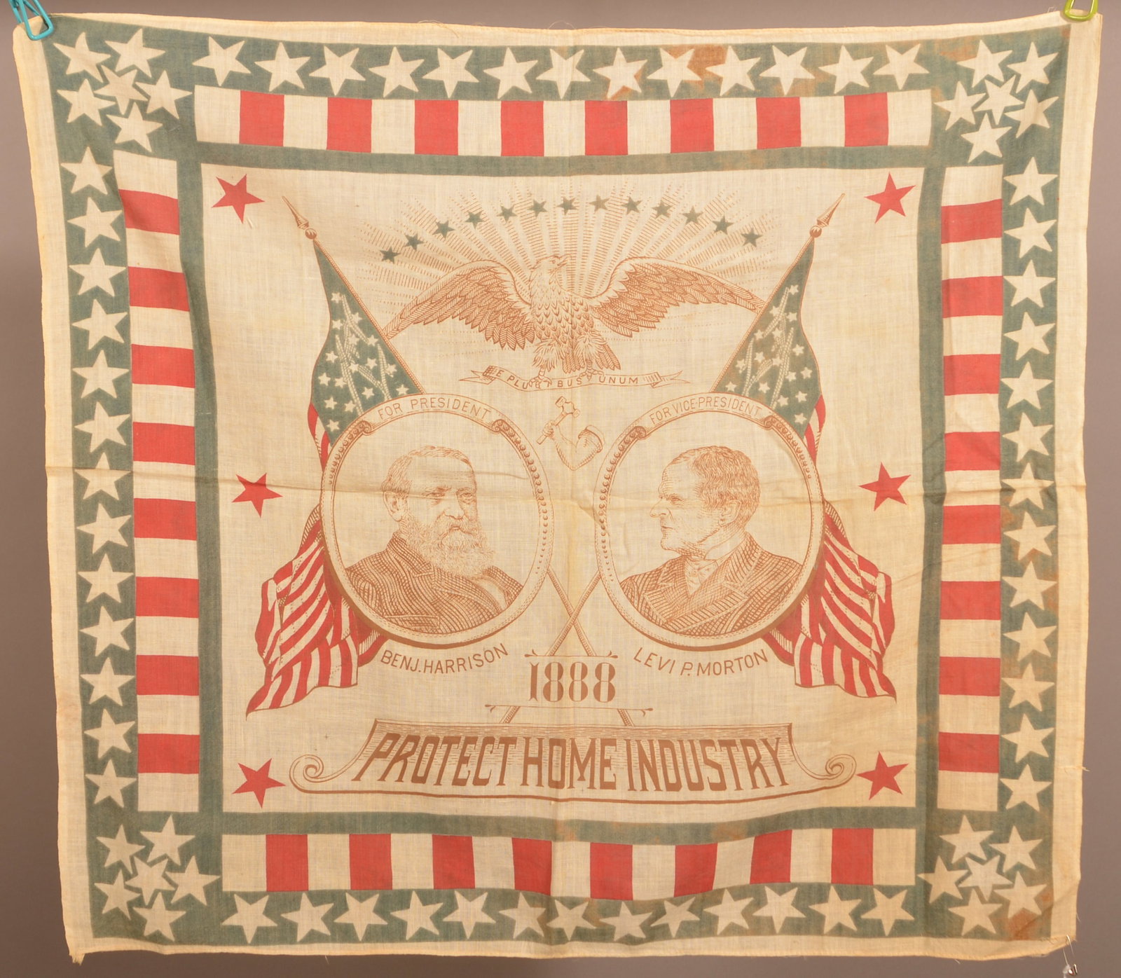1888 Harrison & Morton Political Handkerchief.: 1888 Harrison & Morton Political Handkerchief. 21-1/2" x 24".