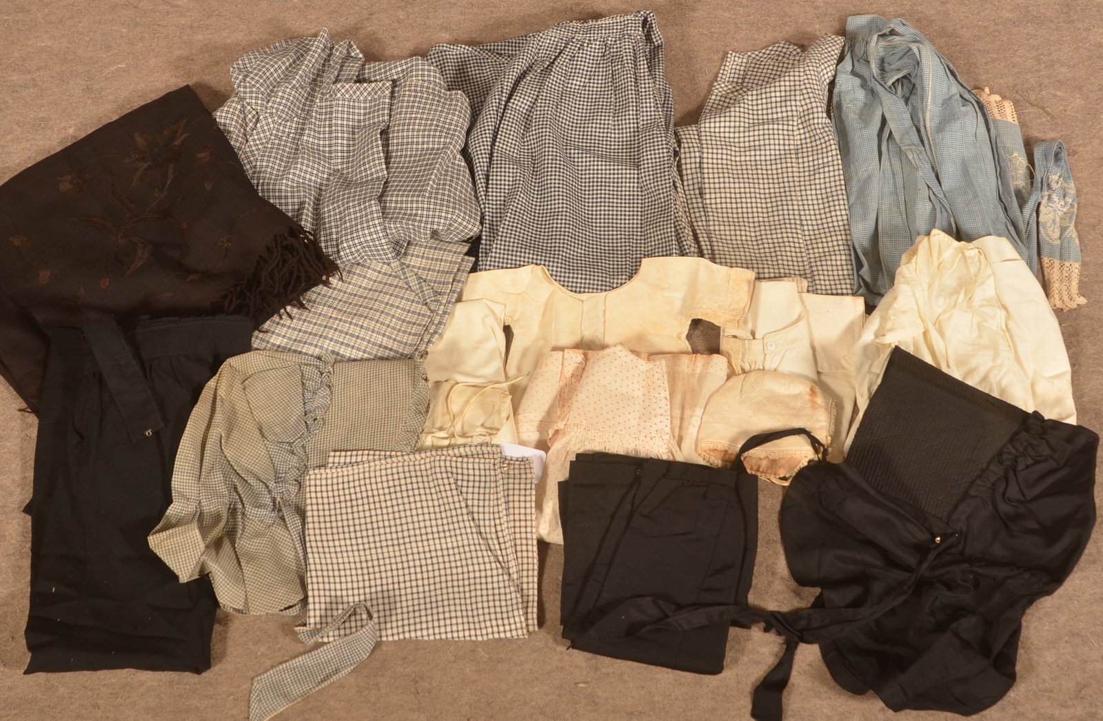 Lot of Various Antique Clothing.: Lot of Various Antique Clothing. Including an Amish bonnet, apron and shawl.