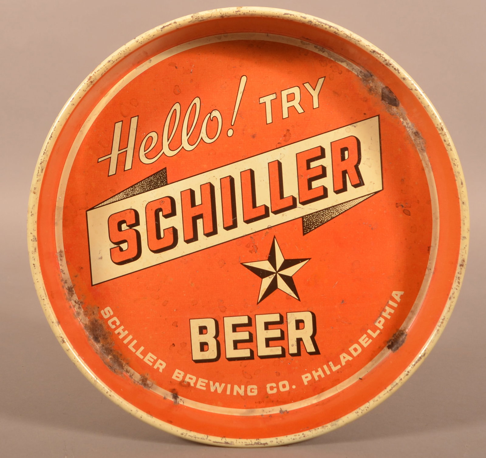 Schiller Beer Tin Lithograph Advertising Tray.: Schiller Brewing Co., Philadelphia, PA, circa 1930's. Unknown manufacturer. 12" diam.