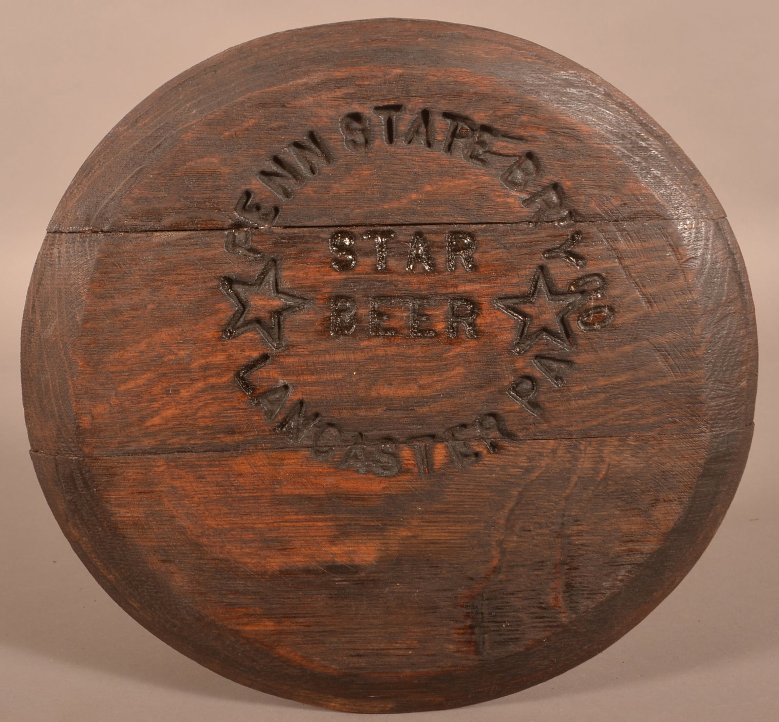 Stamped "Penn Star Brewery Star Beer" Oak Keg Lid.: Lancaster, PA, circa 1935-1938. 14-1/4" diam.