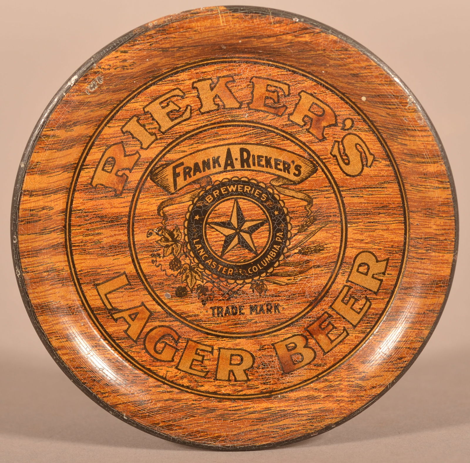Scarce Rieker's Lager Beer Tin Litho. Advertising Tip Tray. (1 of 2)
