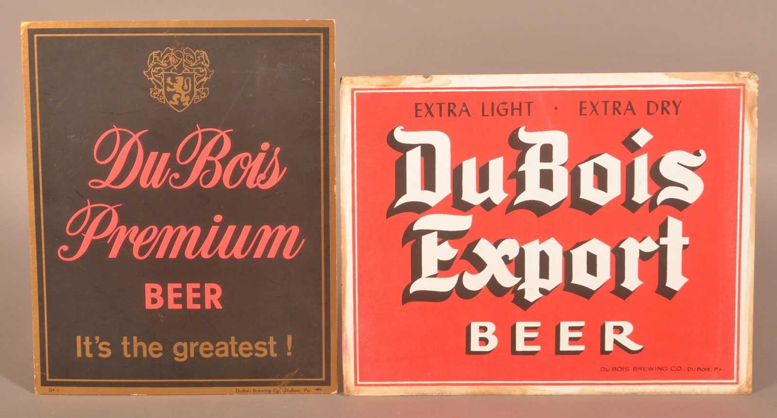 Two Vintage DuBois Beer Litograph Cardboard Signs.: DuBois Brewing Co., DuBois, PA. 11" x 14" and 13" x 10-1/2".