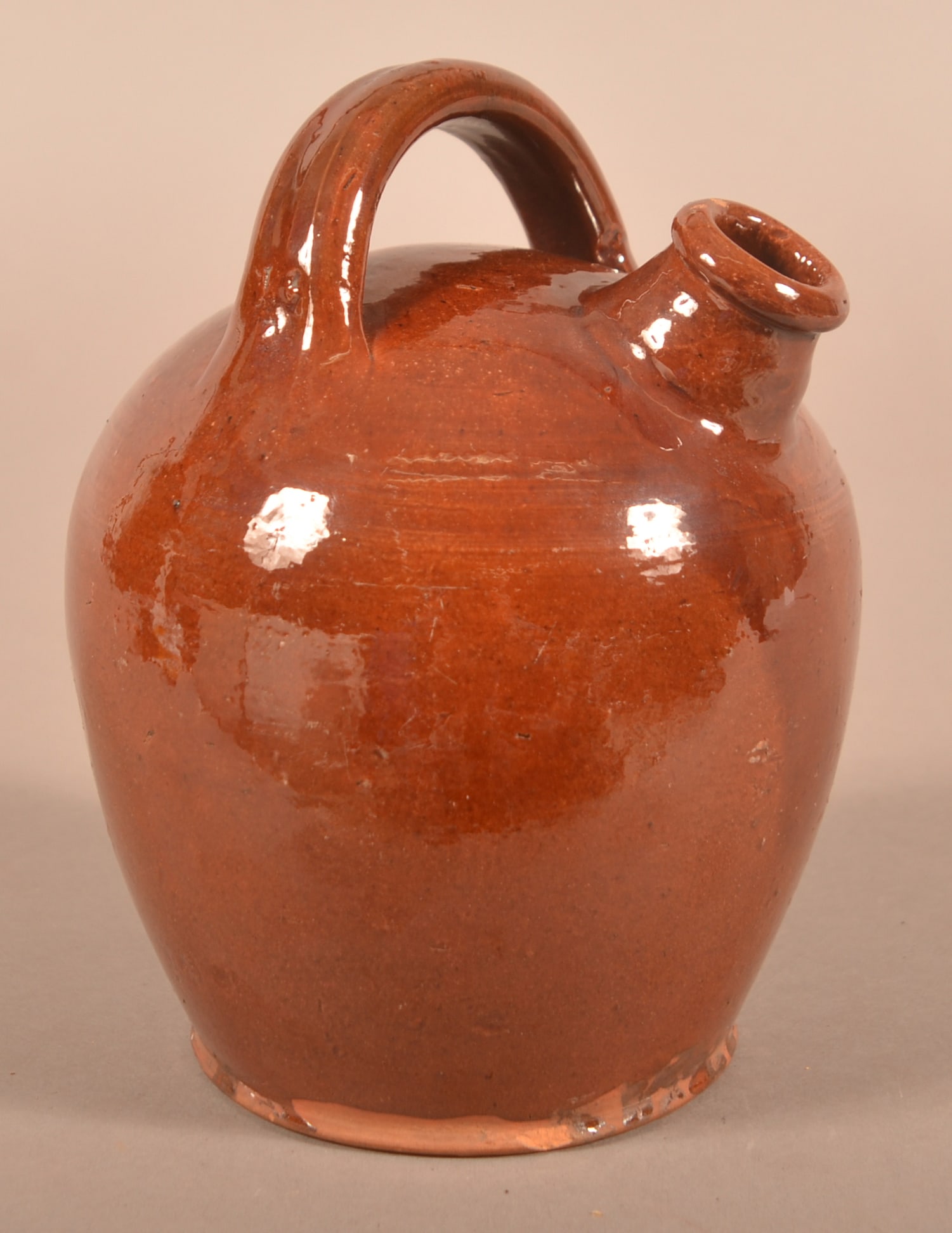 PA 19th Century Glazed Redware Small Harvest Jug.: Pennsylvania 19th Century Glazed Redware Small Harvest Jug. Provenance: The late Eugene and Vera Charles, Lancaster, PA. 7-1/4"h.
