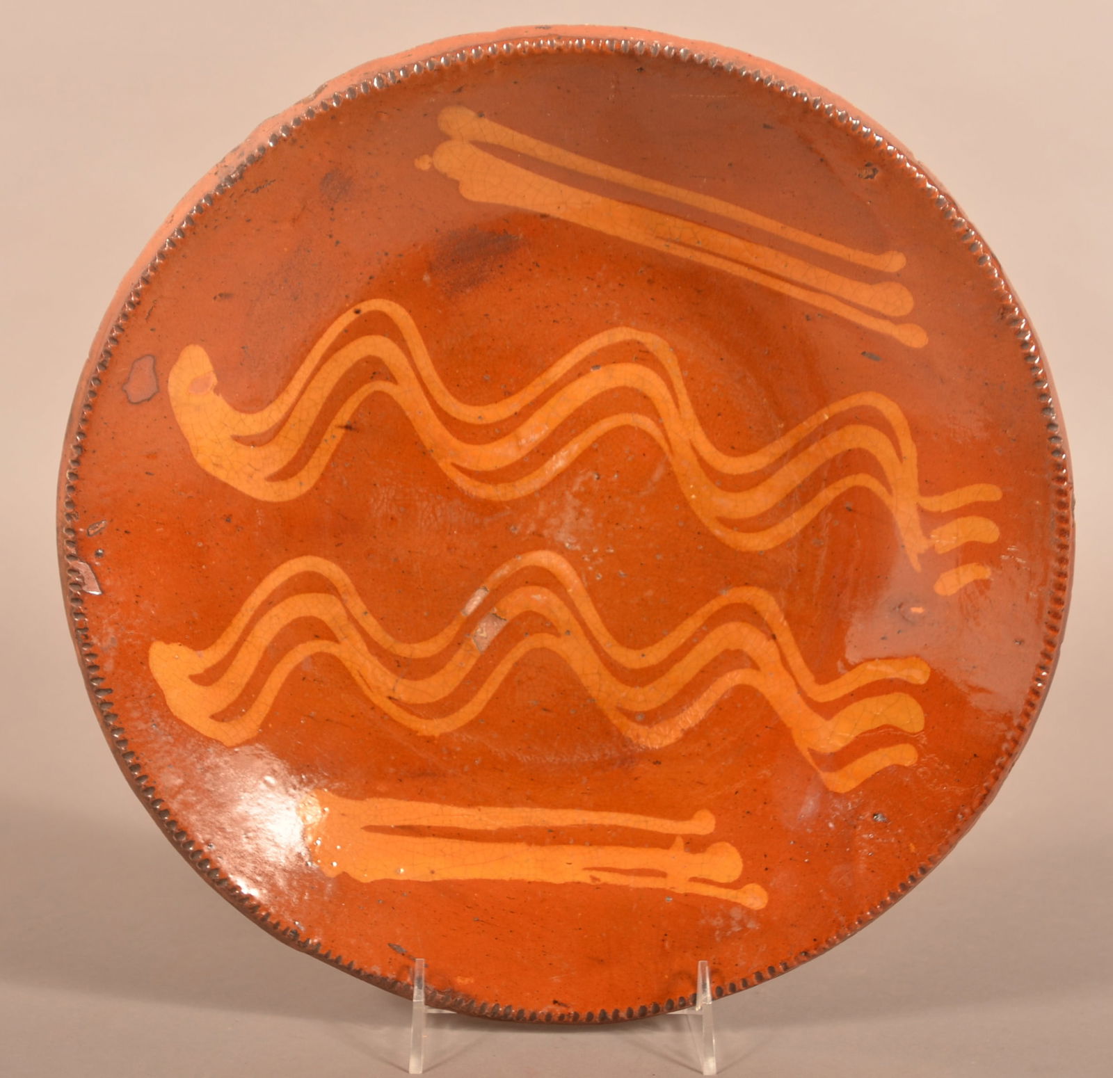 PA 19th Century Orange Glazed Redware Charger. (1 of 4)