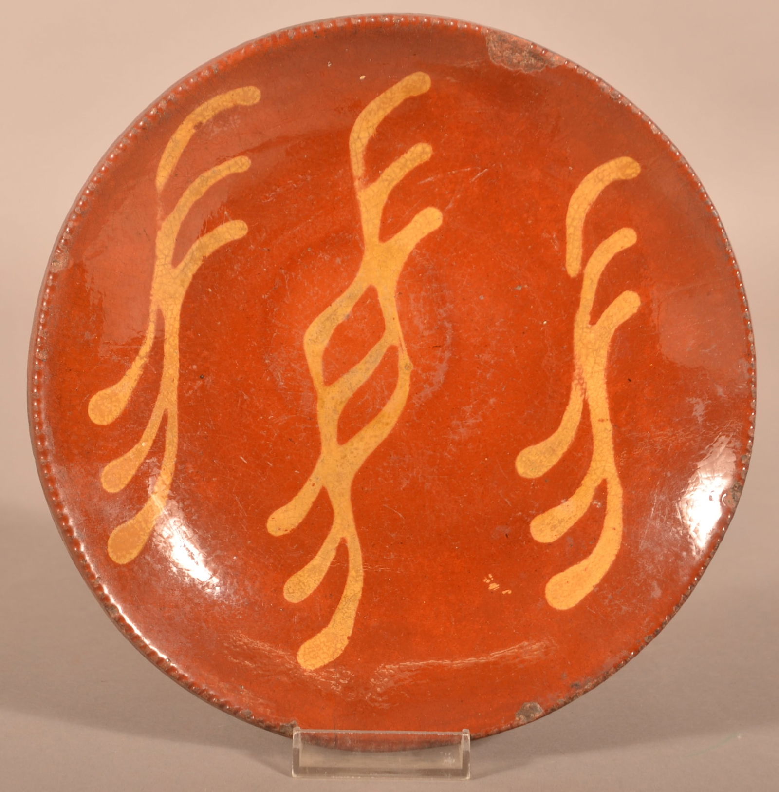 PA 19th C. Redware Yellow Slip-Decorated Plate. (1 of 3)
