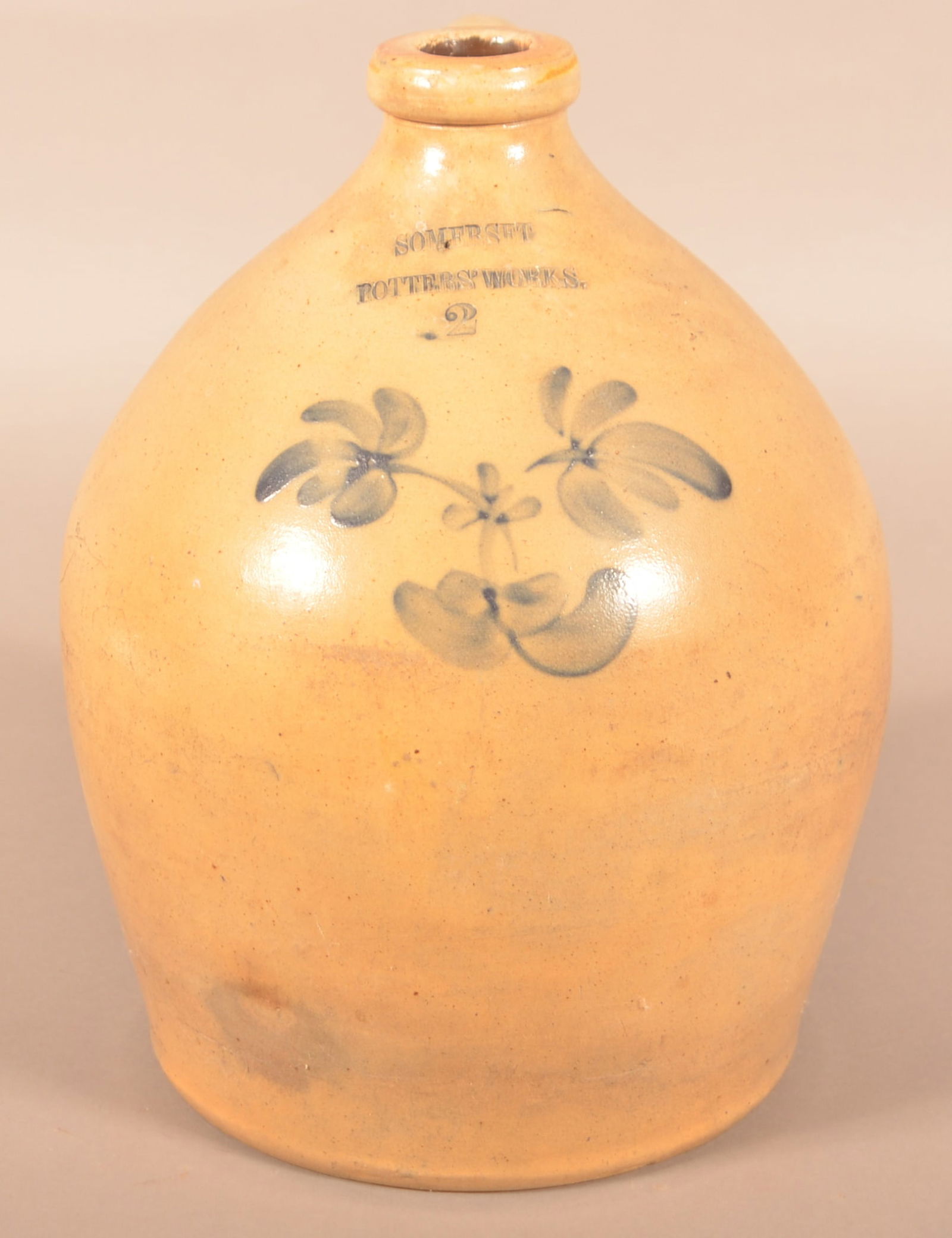 Somerset Potters' Works 2-Gallon Stoneware Jug.: Somerset Potters' Works 2-Gallon Stoneware Jug. Cobalt blue floral and foliate decoration. 13-3/4"h.