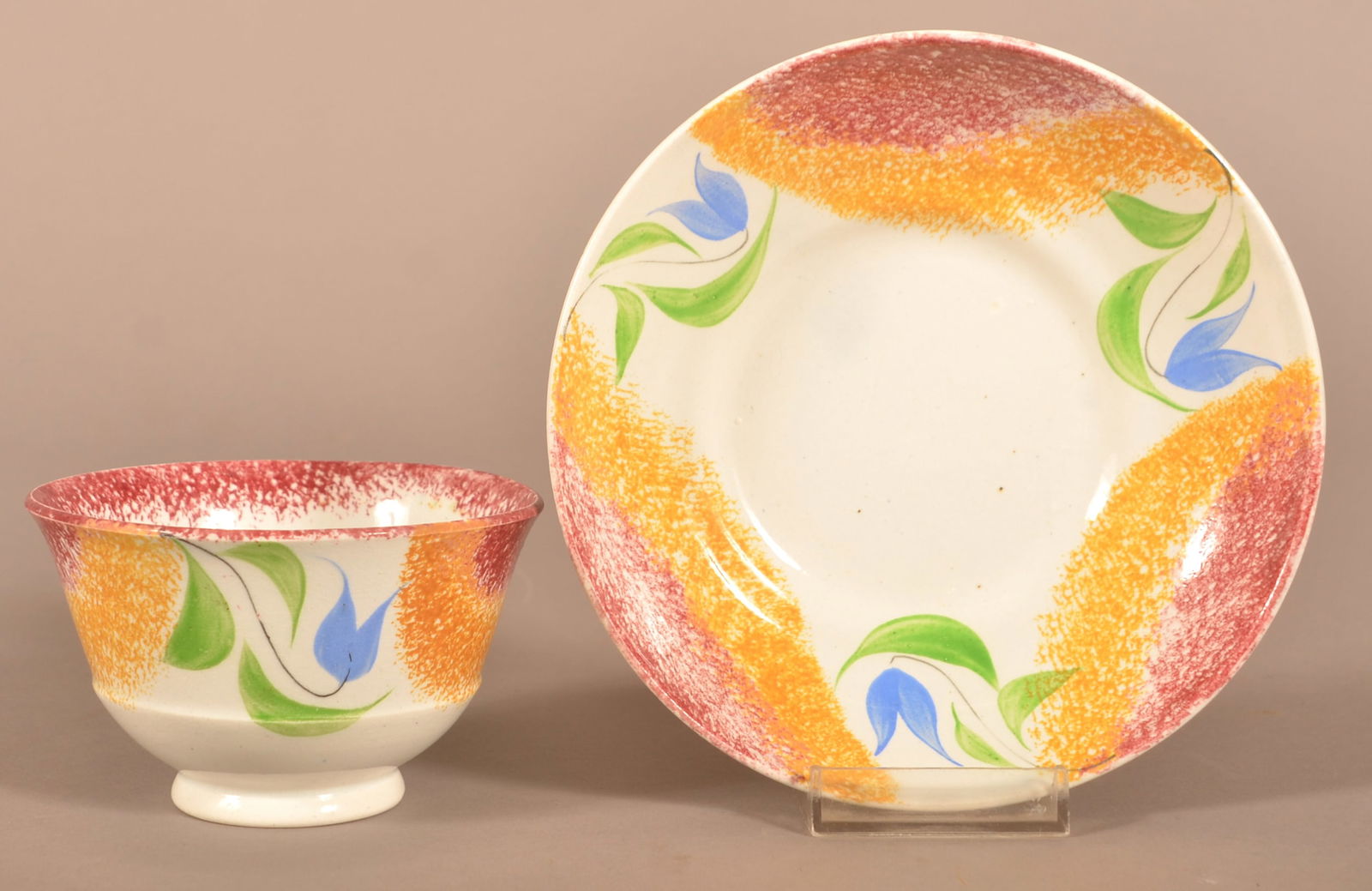 Red & Yellow Drape Pattern Spatter Cup & Saucer. (1 of 4)