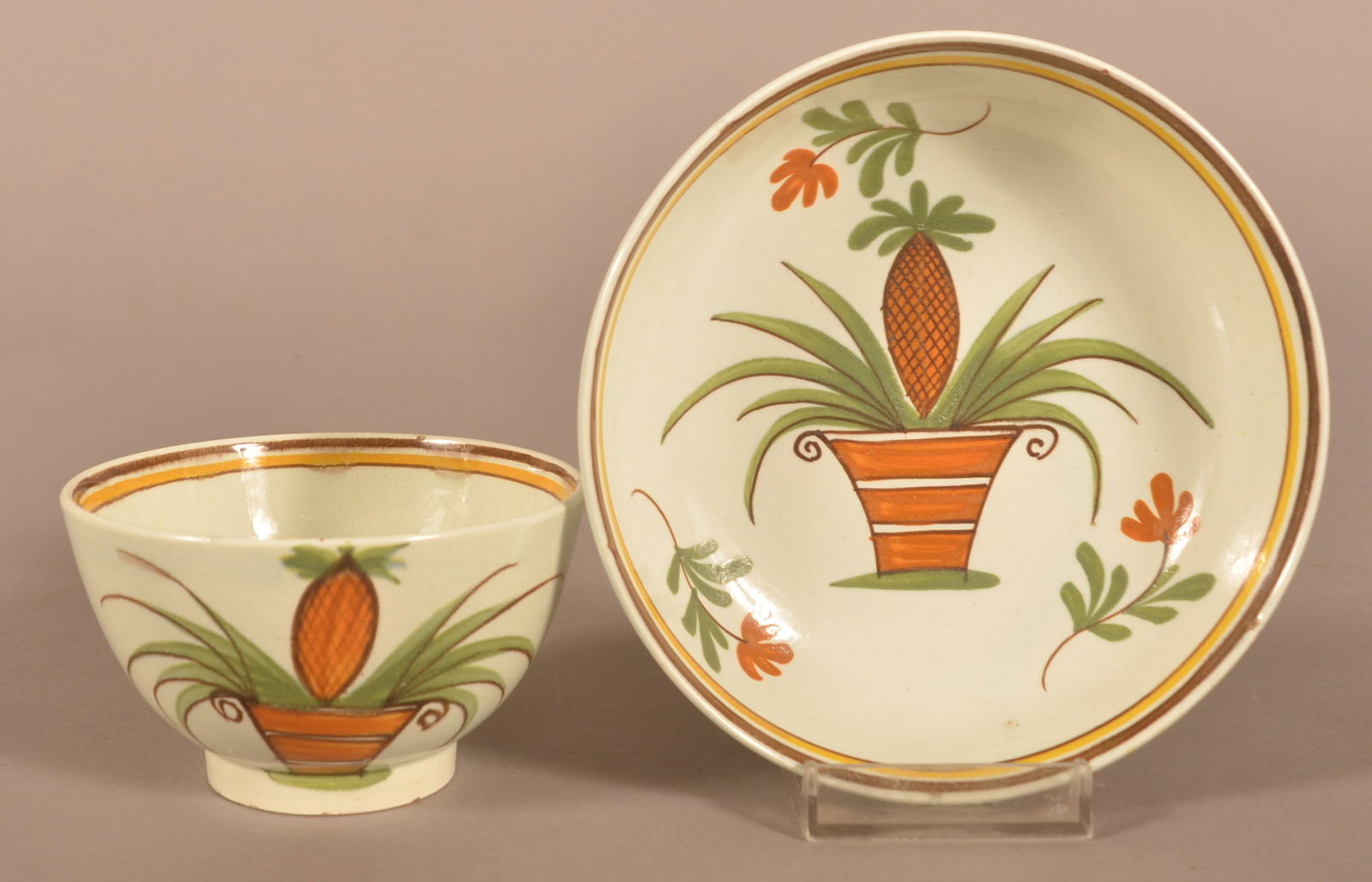 Leeds Soft Paste Pineapple-in-Urn Cup & Saucer. (1 of 5)