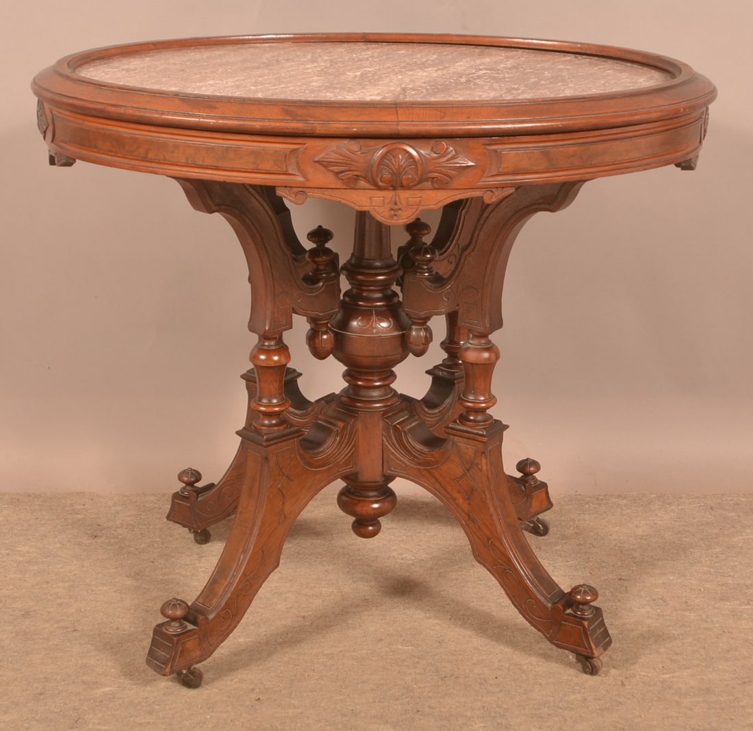 American Victorian Oval Marble-Top Parlor Table. (1 of 4)