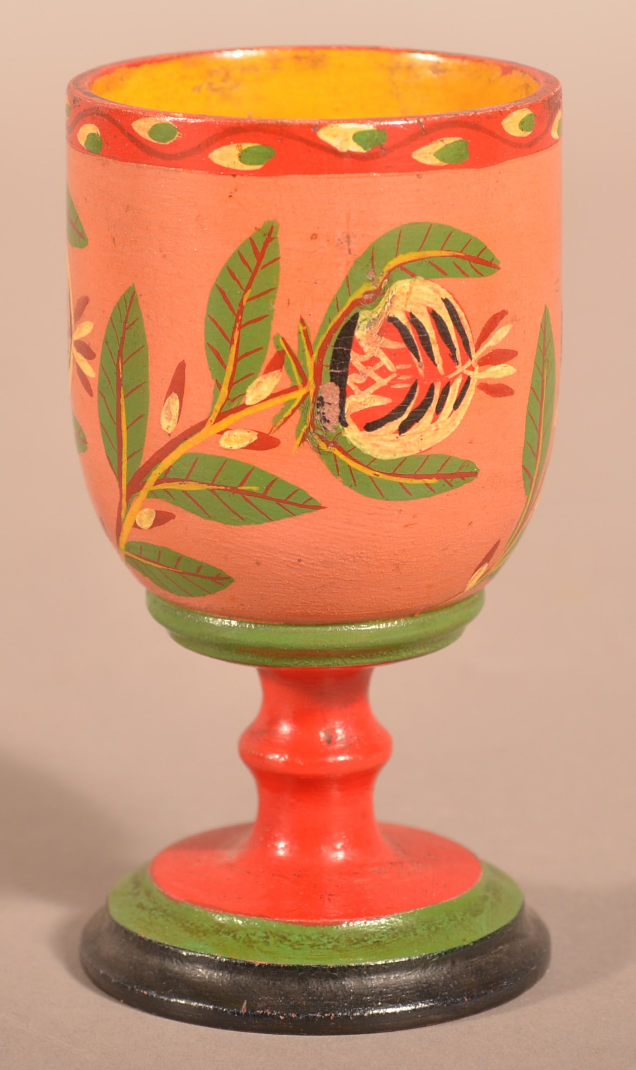 Lehnware Turned and Painted Wood Goblet.: Lehnware Turned and Painted Wood Goblet. (Joseph Long Lehn, 1798-1892, Clay Township, Lancaster County, Pennsylvania). Salmon ground with pomegranate and pussy willow motifs, yellow interior with red,