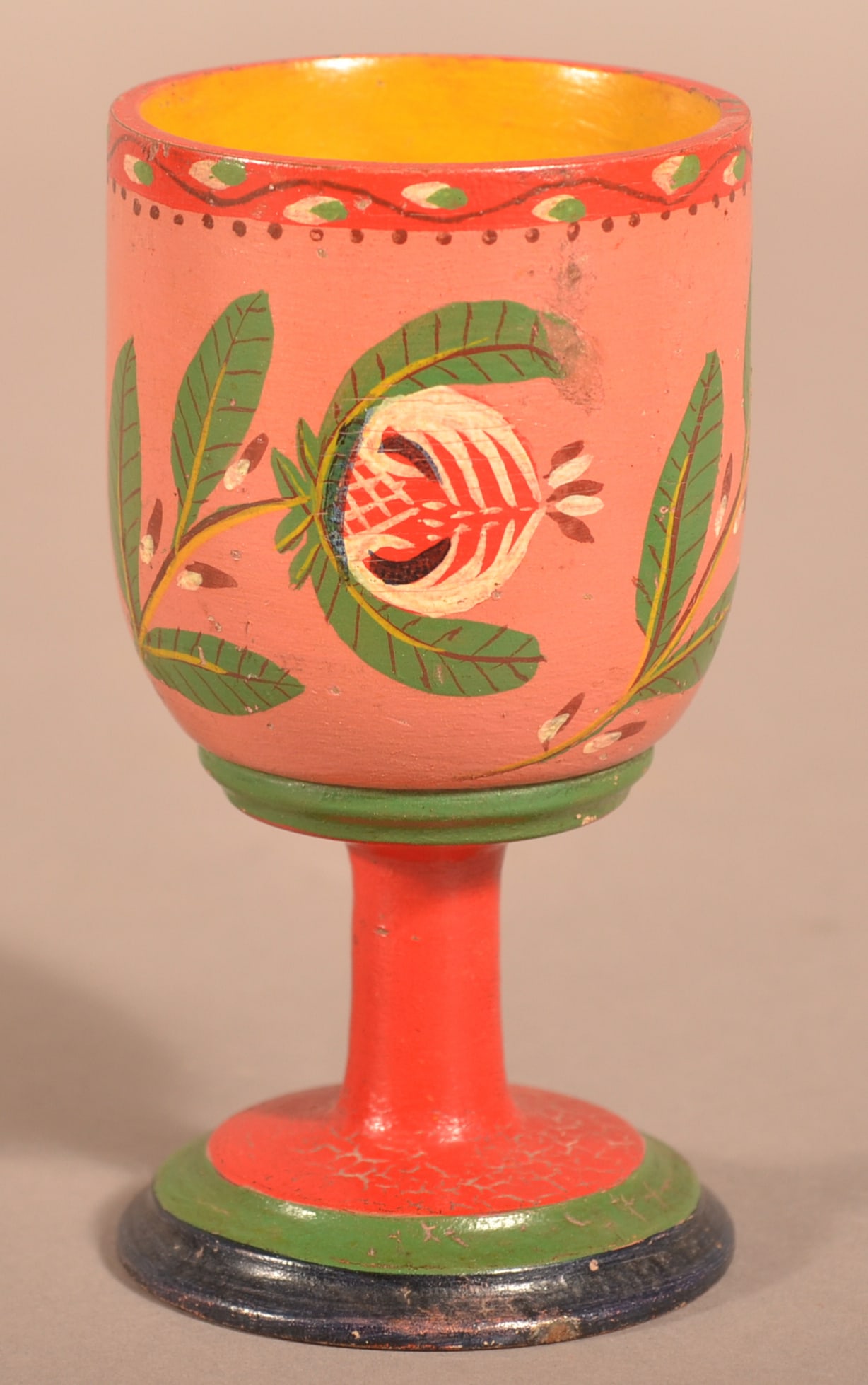 Lehnware Turned and Painted Wood Goblet.: Lehnware Turned and Painted Wood Goblet. (Joseph Long Lehn, 1798-1892, Clay Township, Lancaster County, Pennsylvania). Salmon ground with yellow interior, pomegranate and pussy willow motifs on exteri