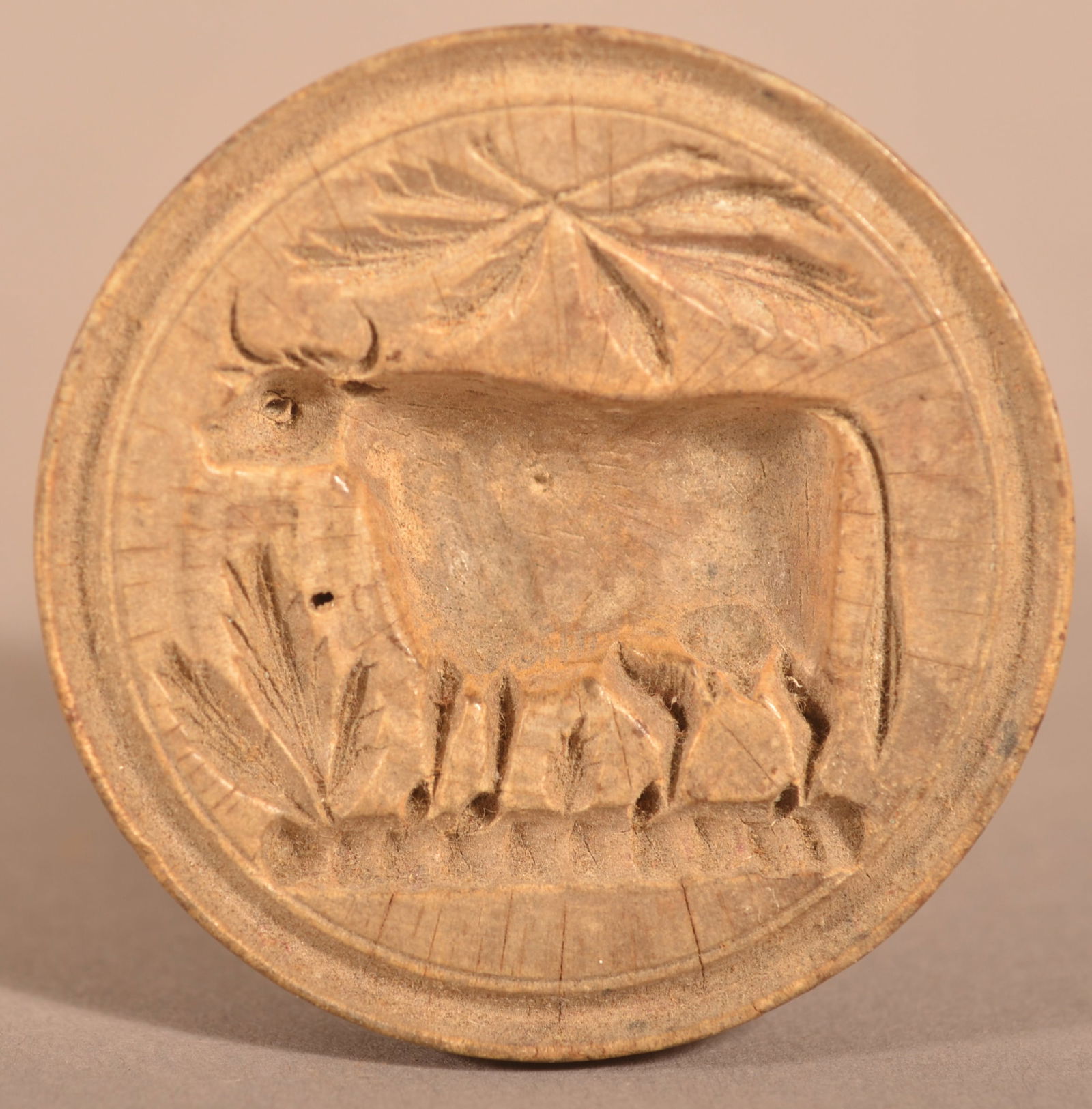 Miniature 19th Century Carved Cow Butter Print. (1 of 3)