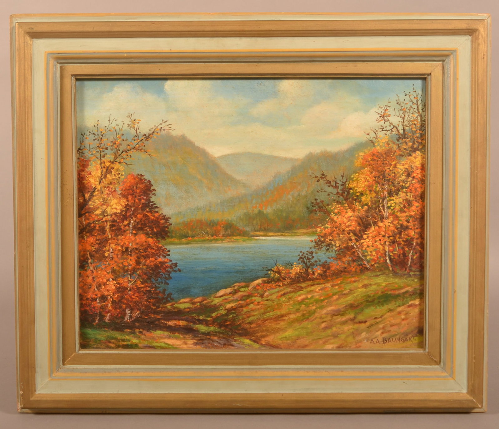 Oil on Board Minnesota Mountainscape with Lake.: Oil on Board Minnesota Autumn Mountainscape with Lake. Signed lower right "A.A. Baumgart. (Alfons Baumgart, 1887-1962). Framed, 22-3/4" x 27" overall.