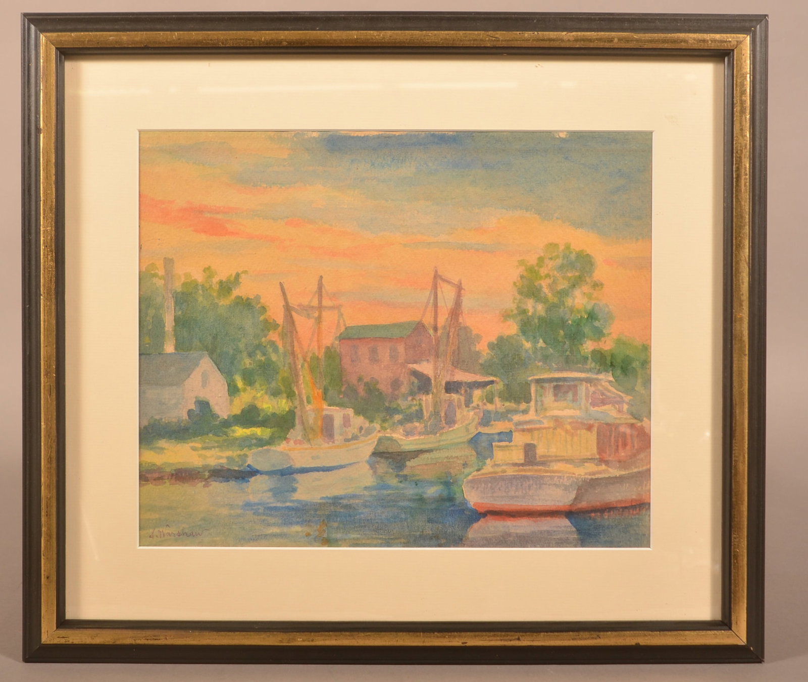 S. Warshaw Watercolor on Paper Harbour Scene.: S. Warshaw Watercolor on Paper Sunset Harbour Scene. Signed lower left. Framed and matted, 16-1/2" x 19" overall.