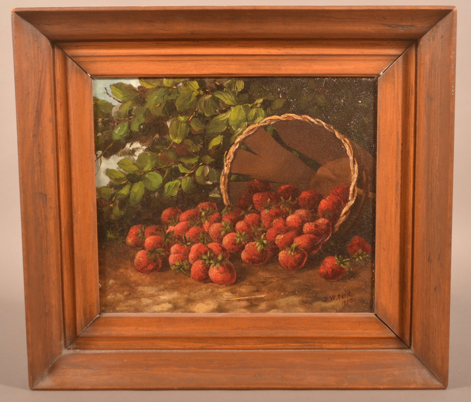 J.W. Reid 1915 Oil on Canvas Still Life Painting.: J.W. Reid 1915 Oil on Canvas Still Life Painting. Depicts an overturned basket of strawberries. Signed and dated lower right. In a softwood molded frame, 18-1/2" x 20-1/2" overall.