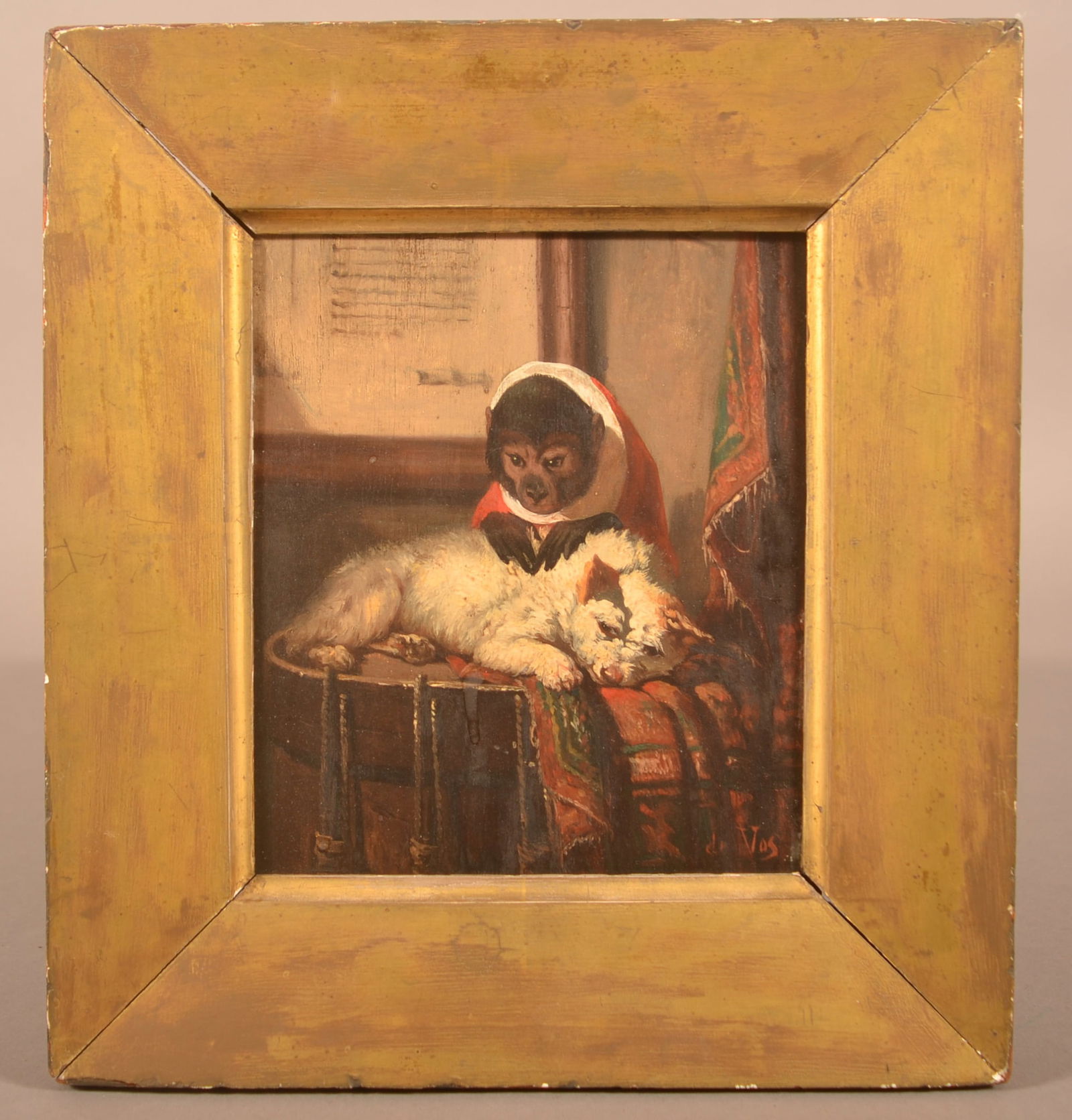 Oil on Board Monkey with Dog Signed De Vos. (1 of 4)