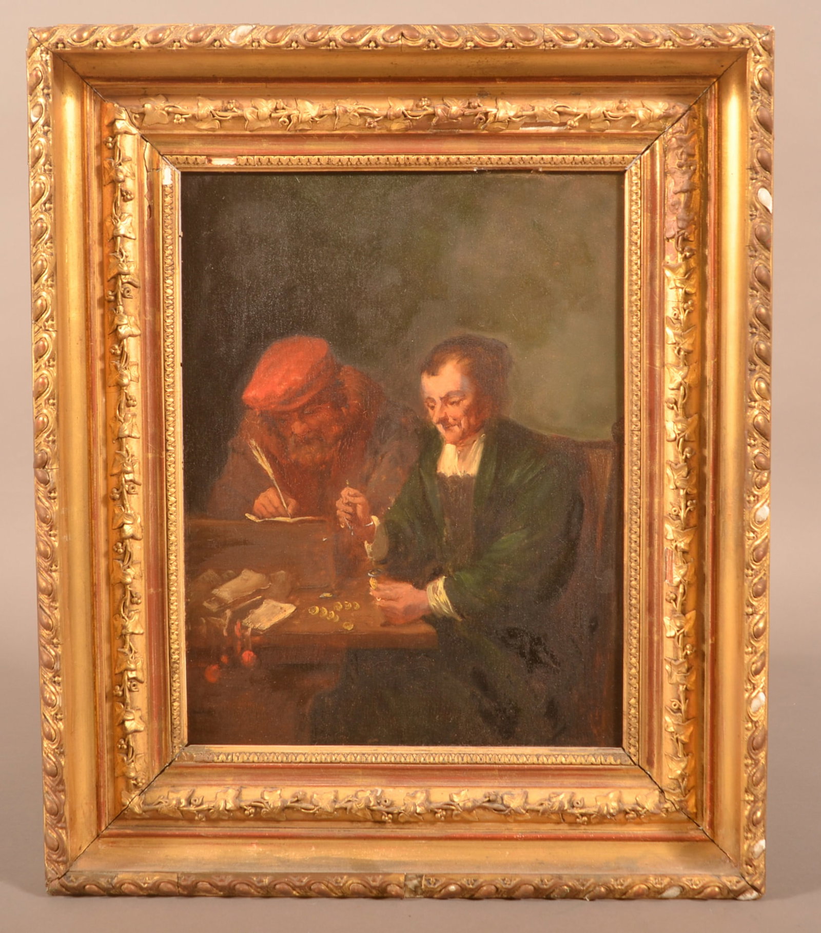 Unsigned 19th Century Oil on Board Painting.: Unsigned 19th Century Oil on Board Painting. Depicts a gentlemen and lady at a table counting coins. (After "the Moneylender and his wife"). Image, 13-1/2" x 10-1/2", in an ornate gilt-molded frame, 2