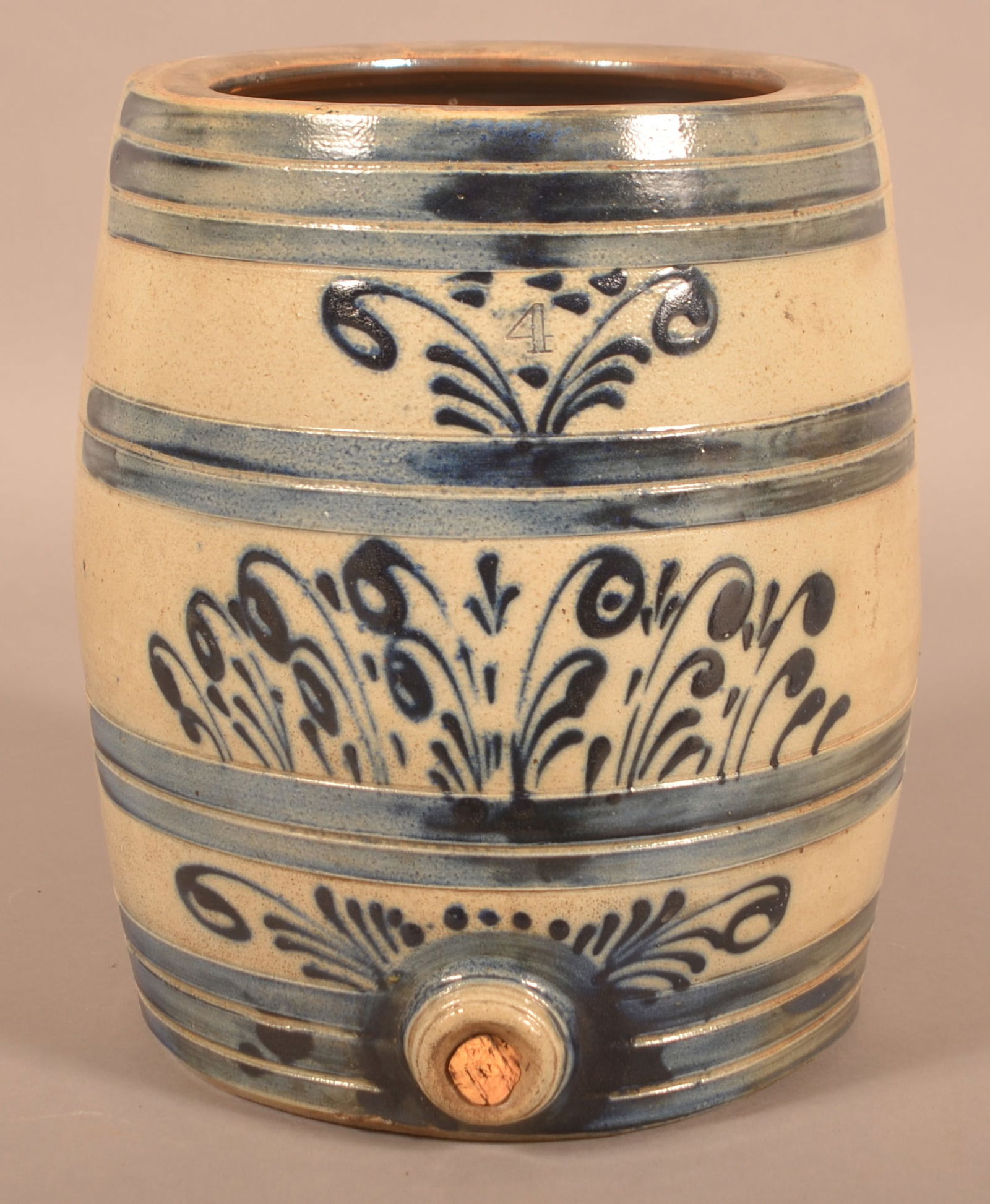 4-Gal. Cobalt-Decorated Stoneware Water Cooler. (1 of 6)