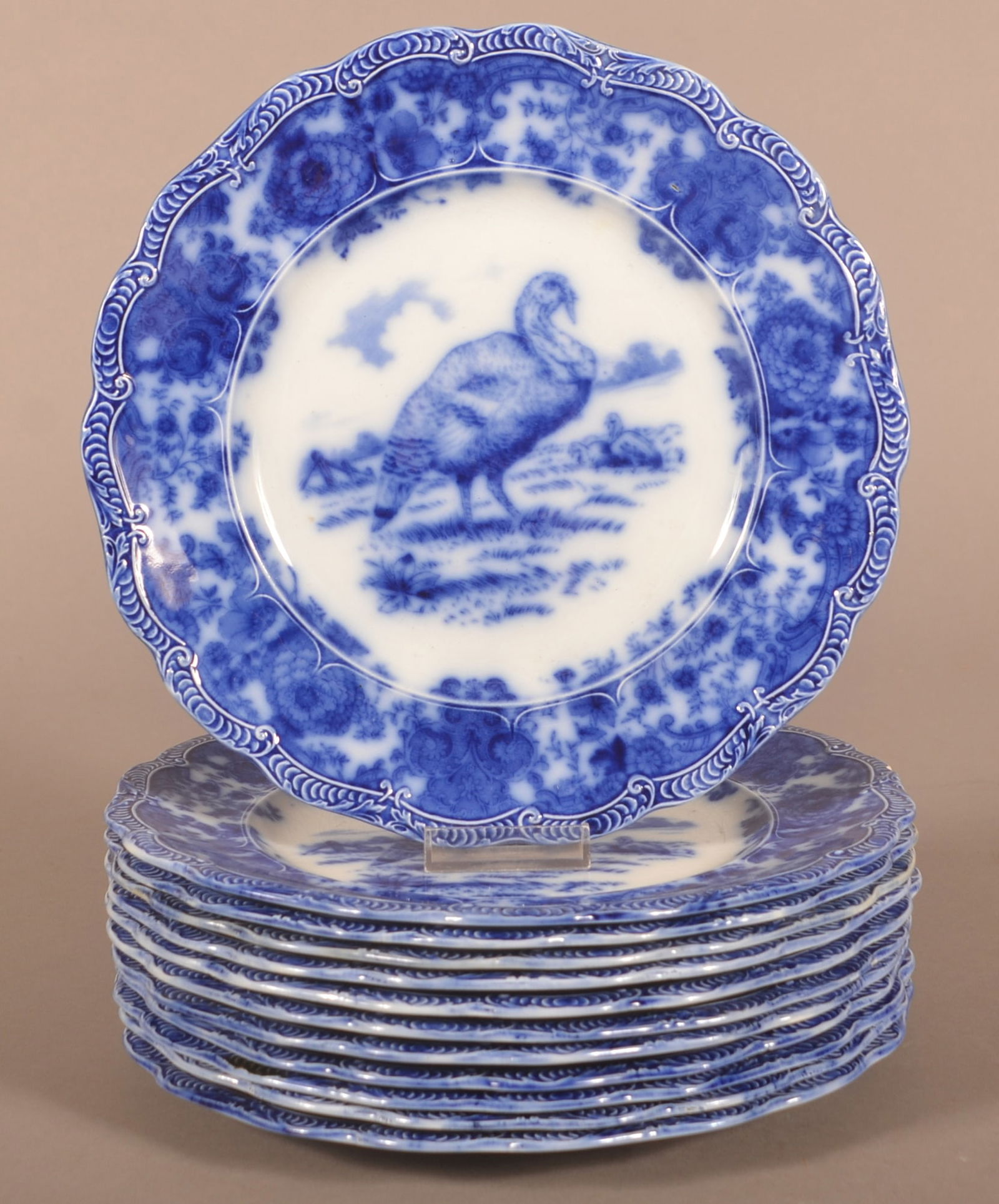 Twelve Ridgway, England Flow Blue Turkey Plates. (1 of 7)