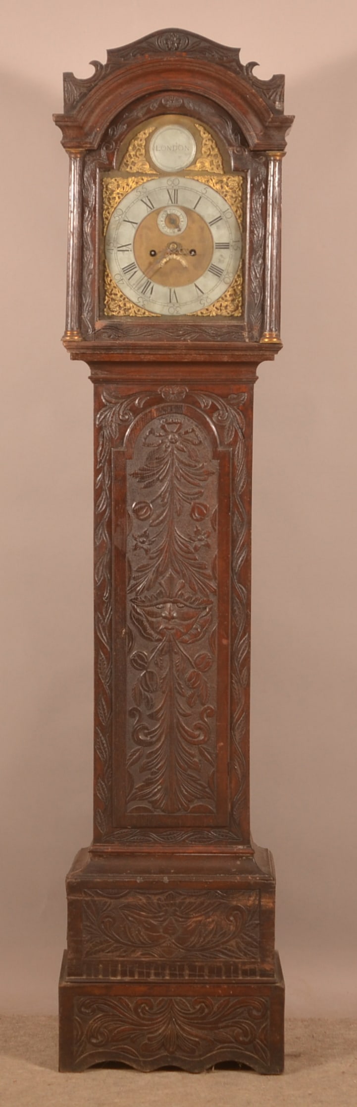 English Carved Chestnut Tall Case Clock. (1 of 8)