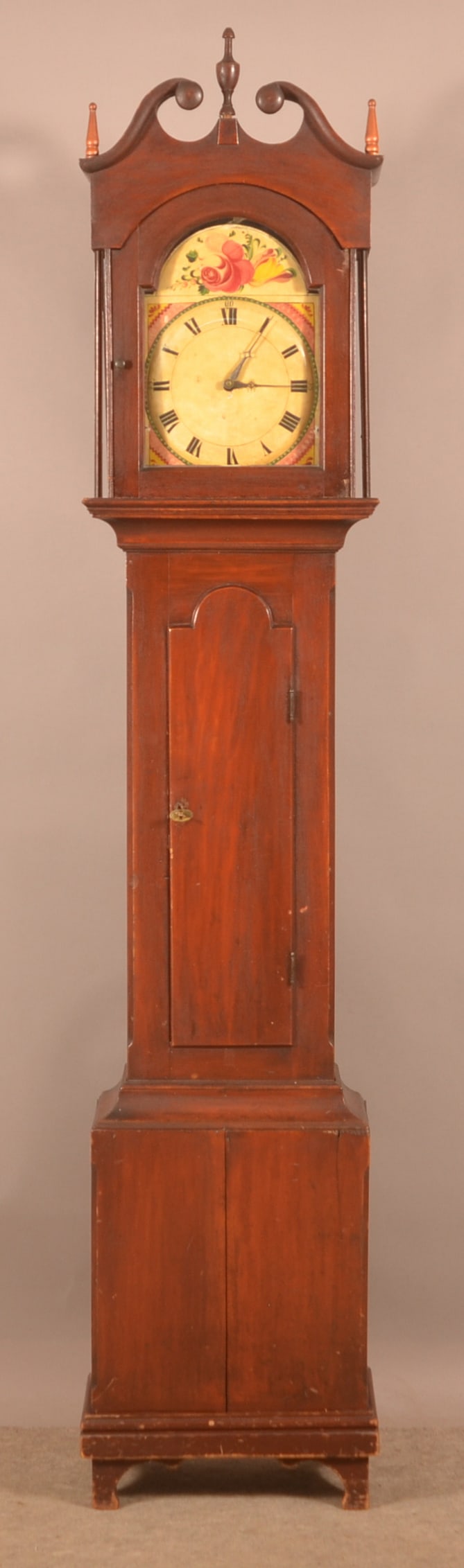 Hepplewhite Mahogany Tall Case Clock.: Hepplewhite Mahogany Tall Case Clock. 30-hour movement, illegibly signed on back of polychrome painted wooden dial. 95-1/2"h.