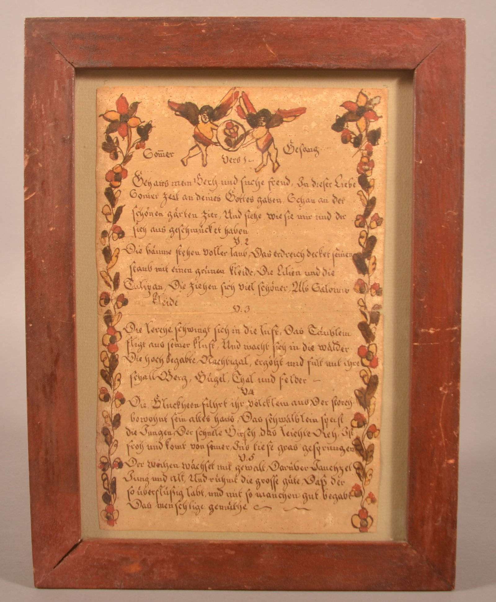 Handwritten, Drawn and Colored Fraktur Hymn.: Handwritten, Drawn and Colored Fraktur Hymn. Attributed to the Flying Angel or Blowsy Angel artist, Northampton County, PA, active circa 1780-1811. Provenance: The late Jan Paden, Duncannon, PA. In a 