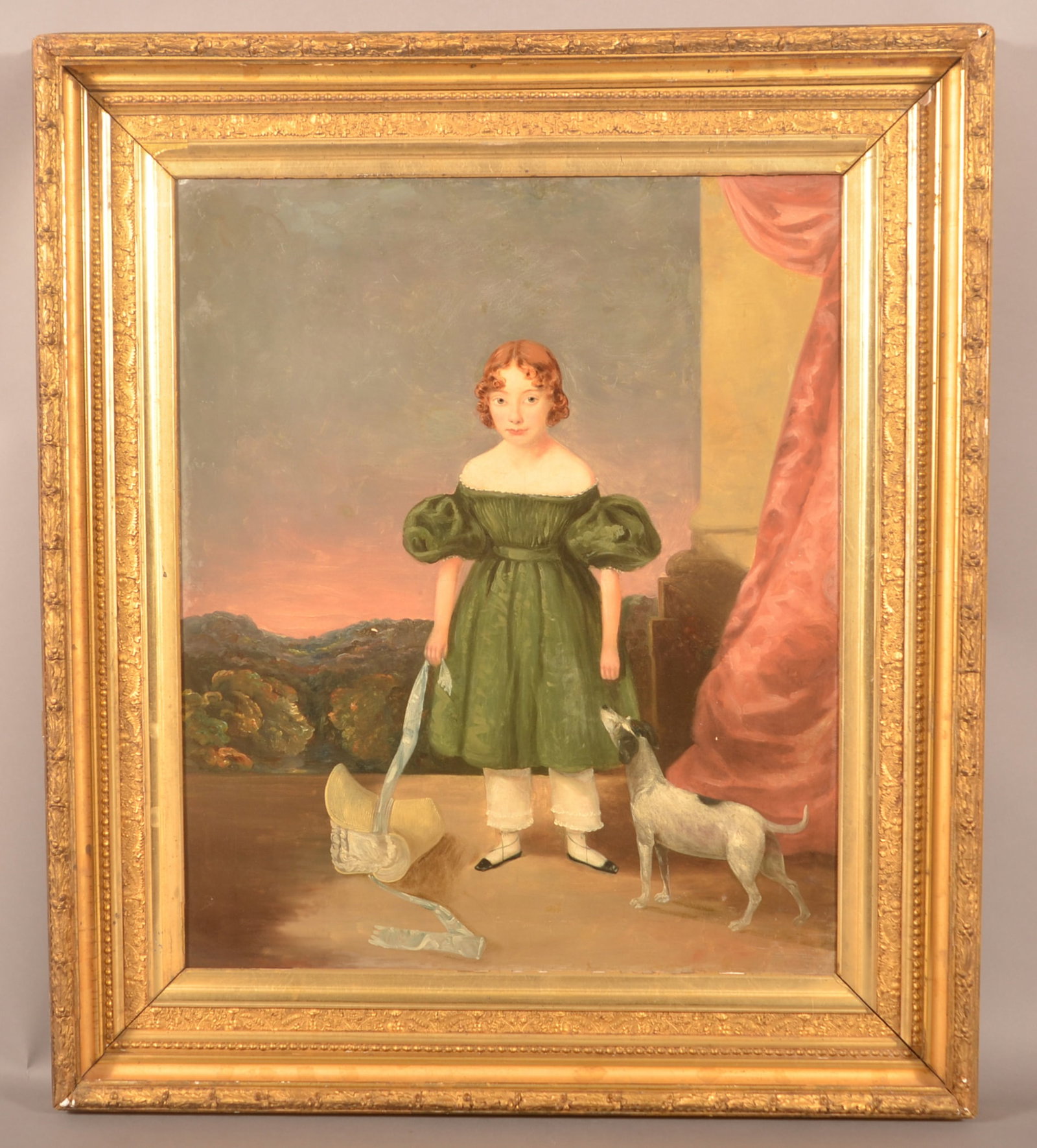 Oil on Canvas Portrait of a Girl with Dog.: Oil on Canvas Portrait of a Girl with Dog. Unsigned, inscribed on back of frame "Anna Harris 1812". Provenance: The late Jan Paden, Duncannon, PA. In a period ornate gilt frame, 39-1/2" x 34-1/2" over