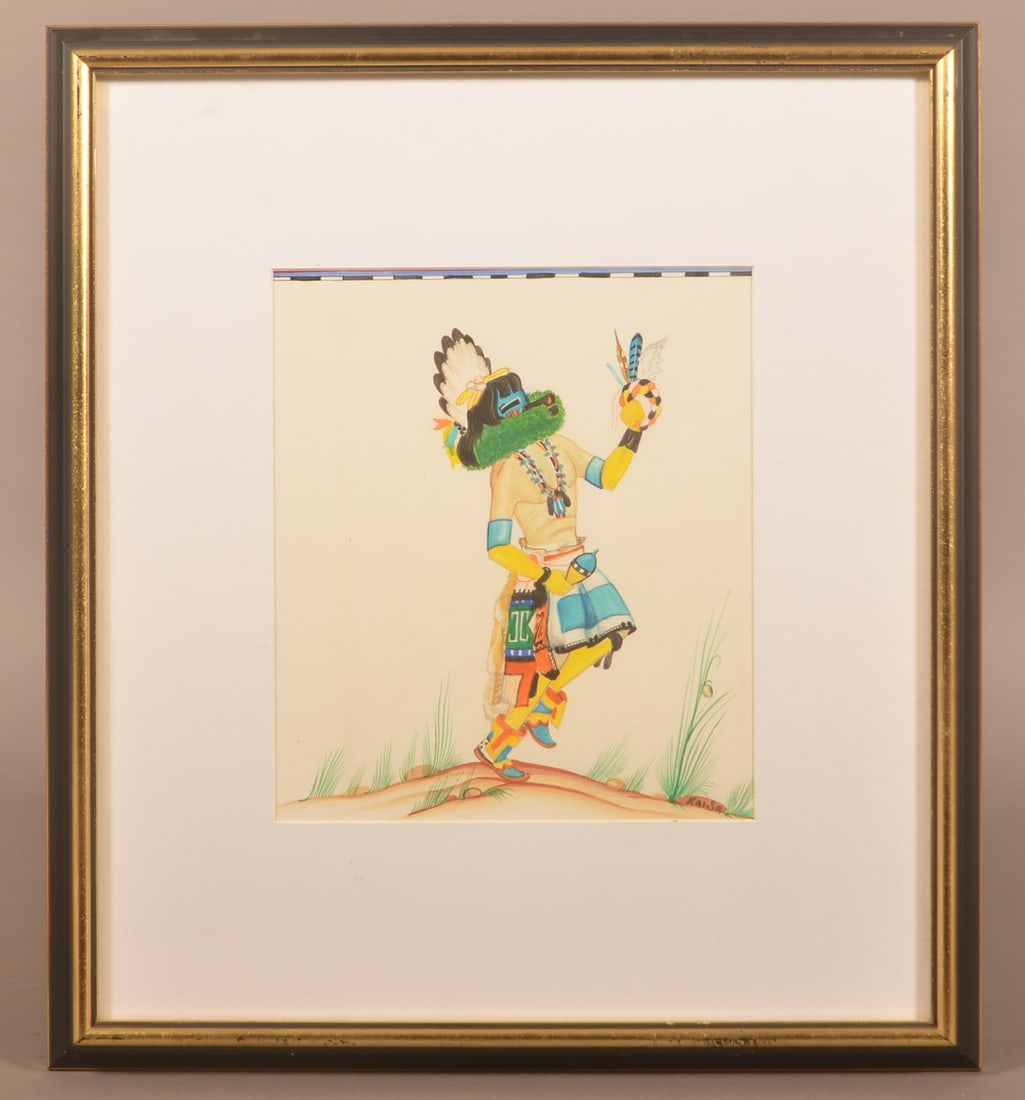 Percy Sandy (Kai Sa) Zuni Rain God Watercolor.: Percy Sandy Zuni Rain God Watercolor Painting. (Percy Tsisete Sandy, Kai-Sa=Red Moon, Zuni, 1918-1974). Pueblo, New Mexico, signed lower right "Kai-Sa". Framed and matted, 20-1/2" x 18-14" overall.