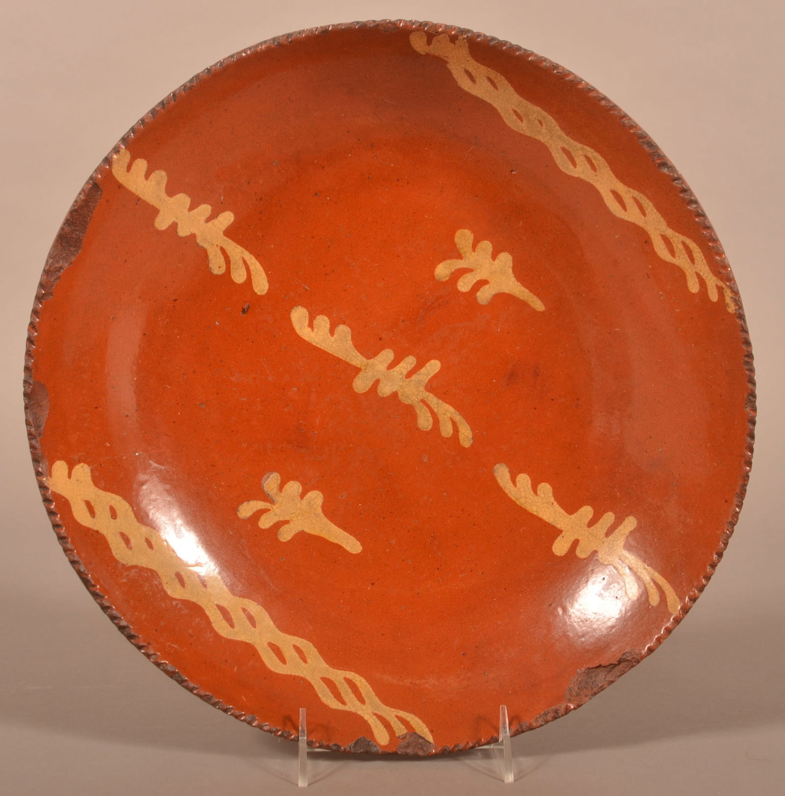 PA 19th C. Yellow Slip-Decorated Redware Charger. (1 of 4)