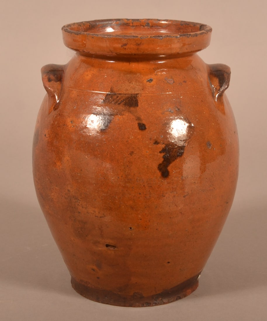 New England 19th C. Ovoid Redware Handled Jar. (1 of 4)