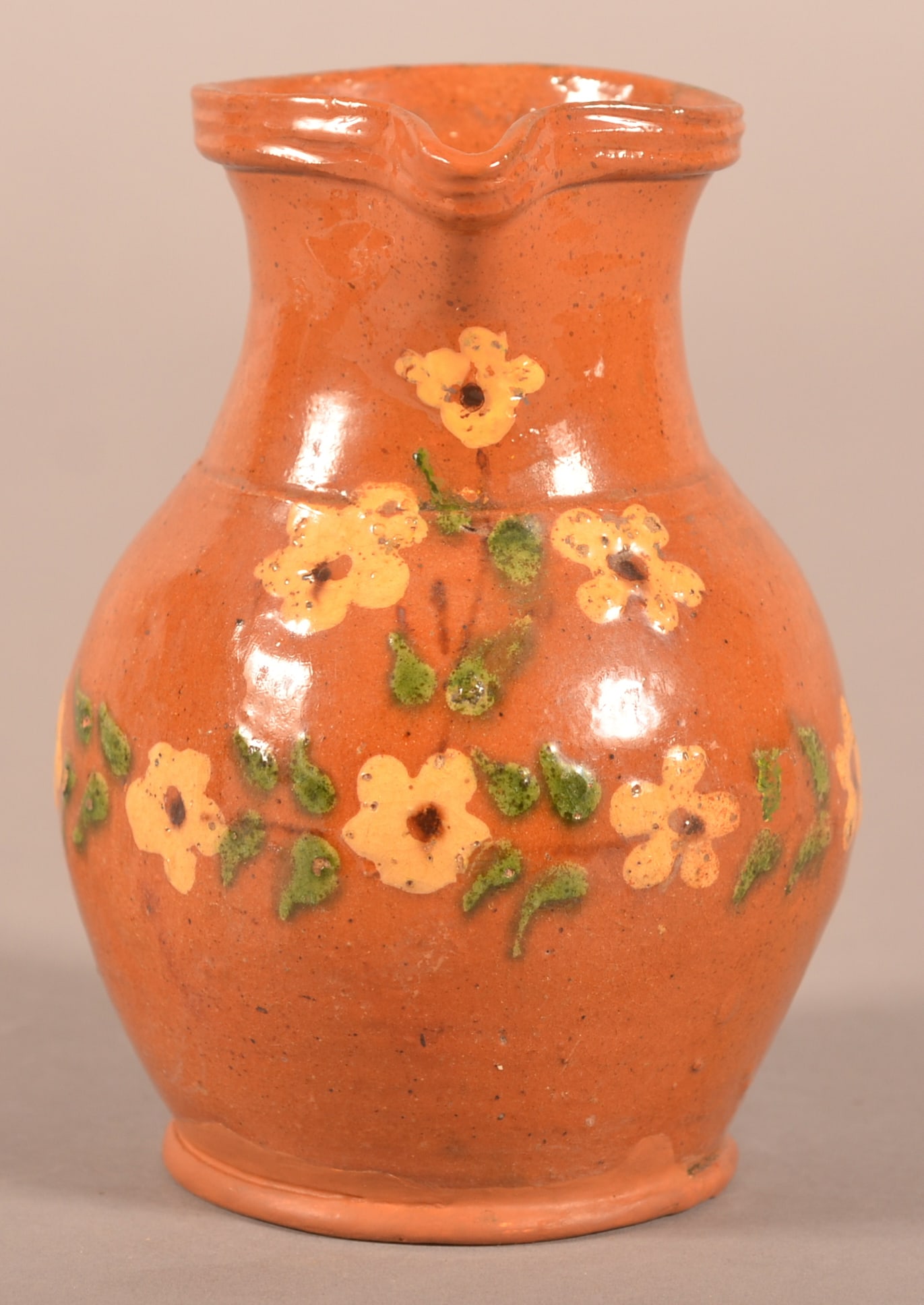 Antique Redware Pitcher with Slip Decoration. (1 of 4)