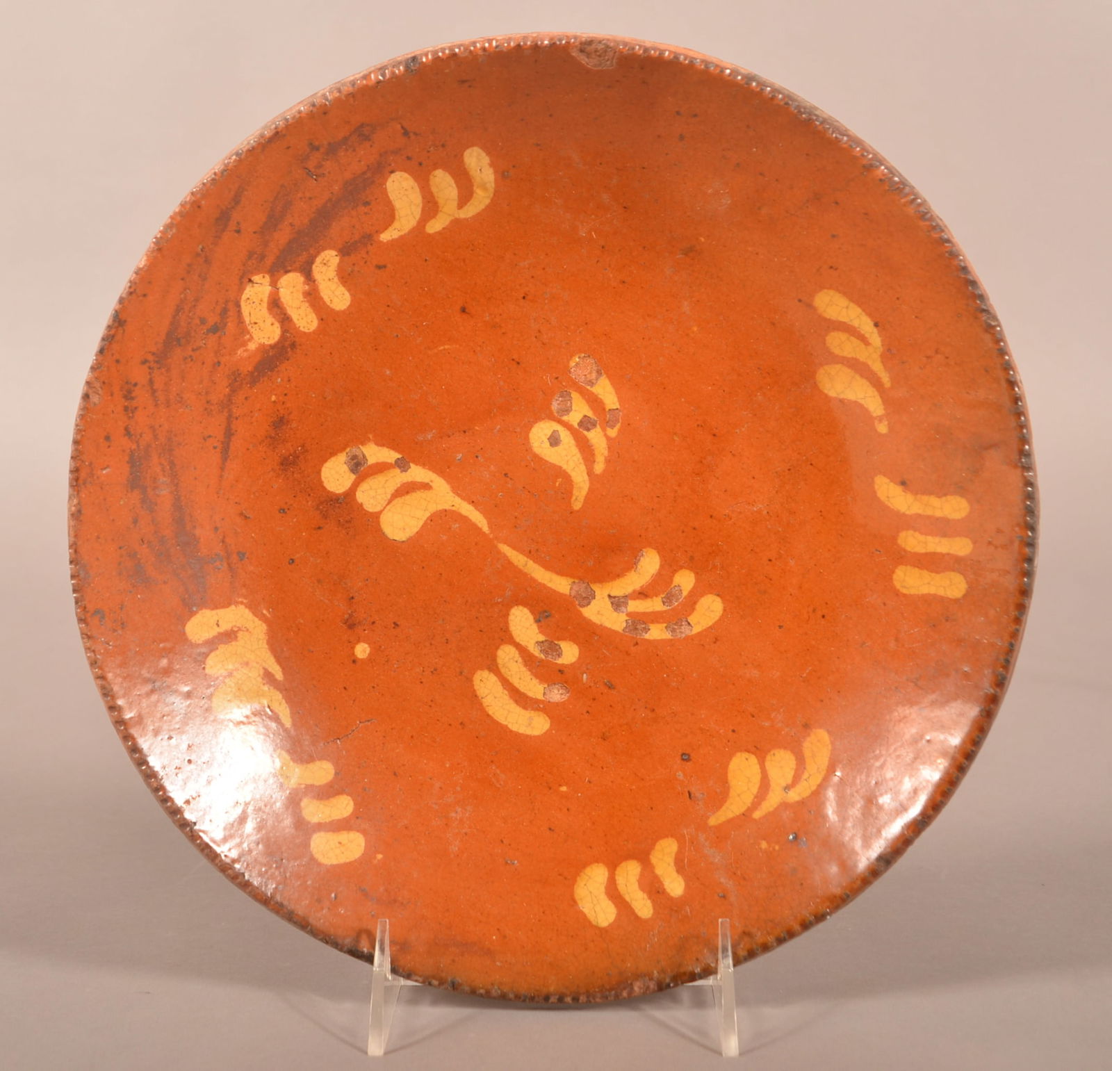 PA 19th C. Redware Yellow Slip-Decorated Plate. (1 of 3)