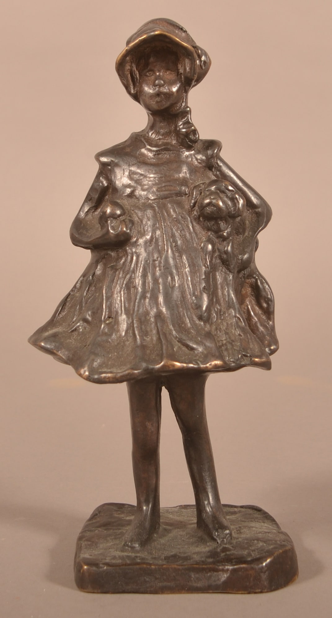 Bronze Girl Sculpture, Signed "P. Troubetzkoy".: Bronze Sculpture of a Girl Holding a Dog Signed "P. Troubetzkoy". After Pavel Petrovitch Troubetzkoy, Russian, 1866-1938. 11-1/4"h.