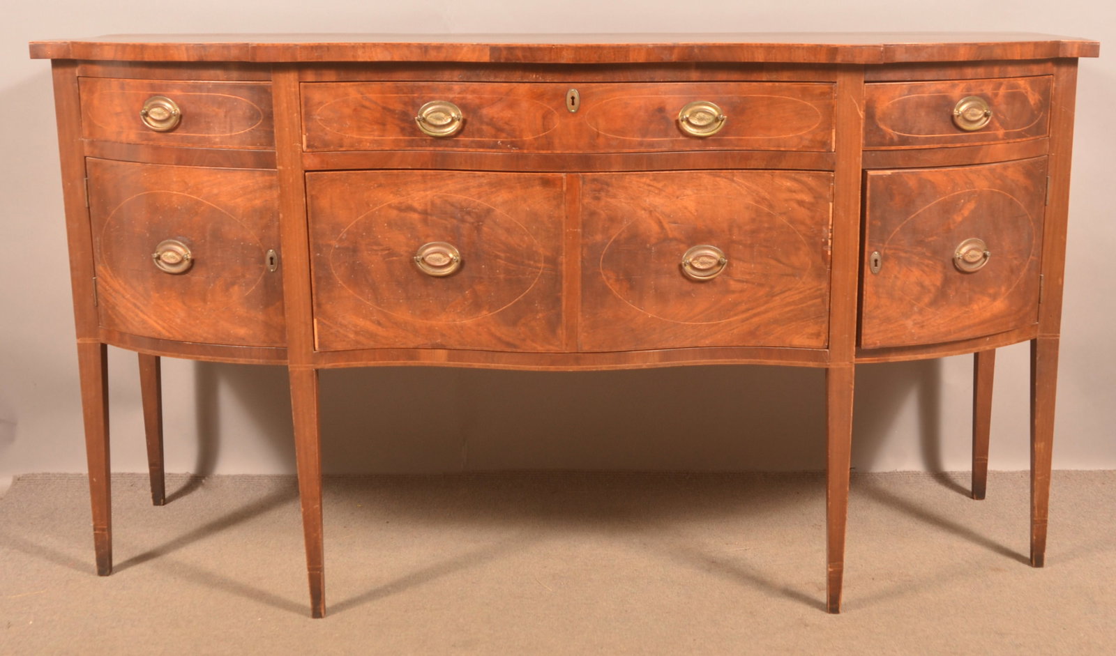 American Hepplewhite Inlaid Mahogany Sideboard.: American Hepplewhite Inlaid Mahogany Serpentine-Front Sideboard. 40"h. x 73"w. x 27"d