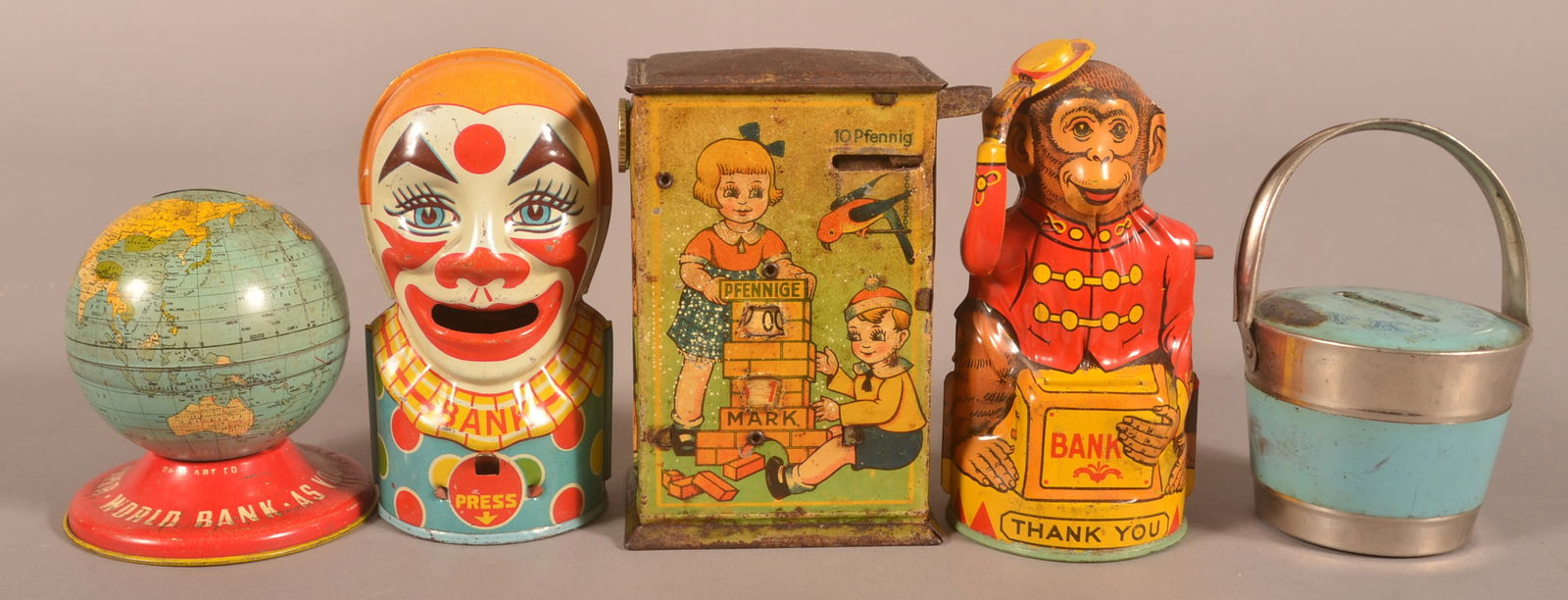 Five Various Vintage Tin Litho Banks. (1 of 3)