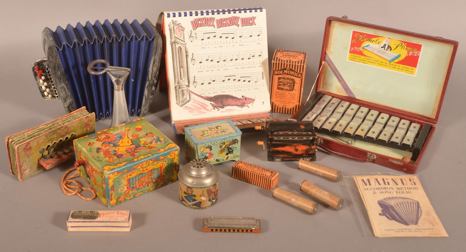 Lot of Vintage Musical Toys and Related.: Lot of Vintage Musical Toys and Related. Accordion, 9"w.