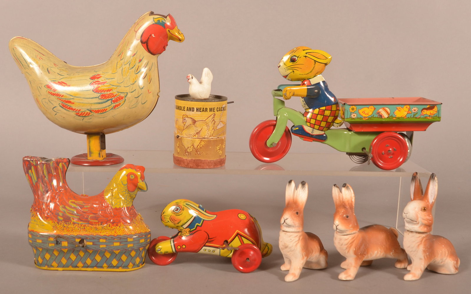 Rabbits & Hens & Three Rabbit Candy Containers. (1 of 4)