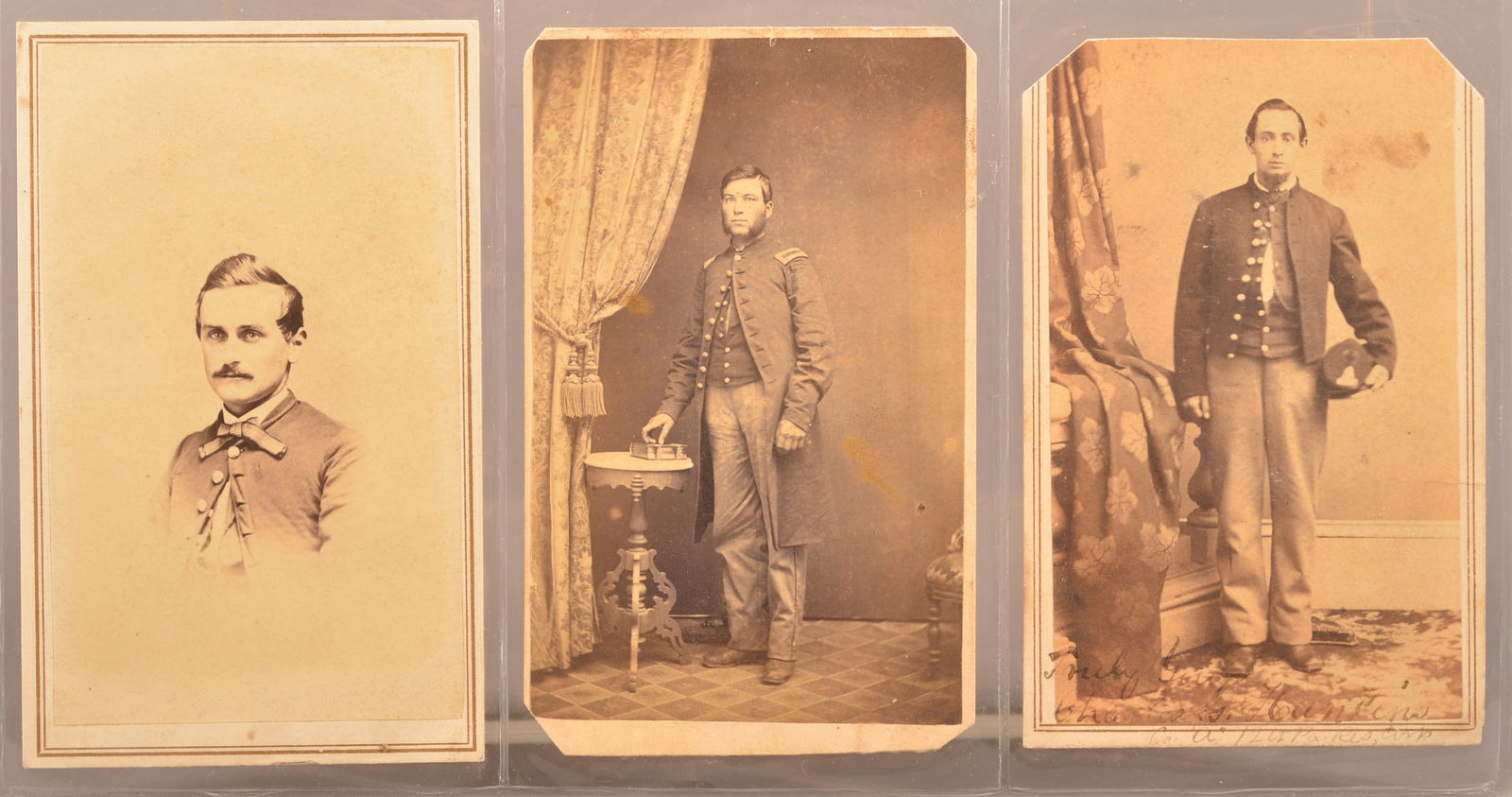 3 Civil War CDV's 12th Pennsylvania Reserves: Full standing view of Charles Hankins proudly displaying his forage cap with either an insignia or his cap was struck by something and he's showing off his close call. Ink signed on front and rear "Tr
