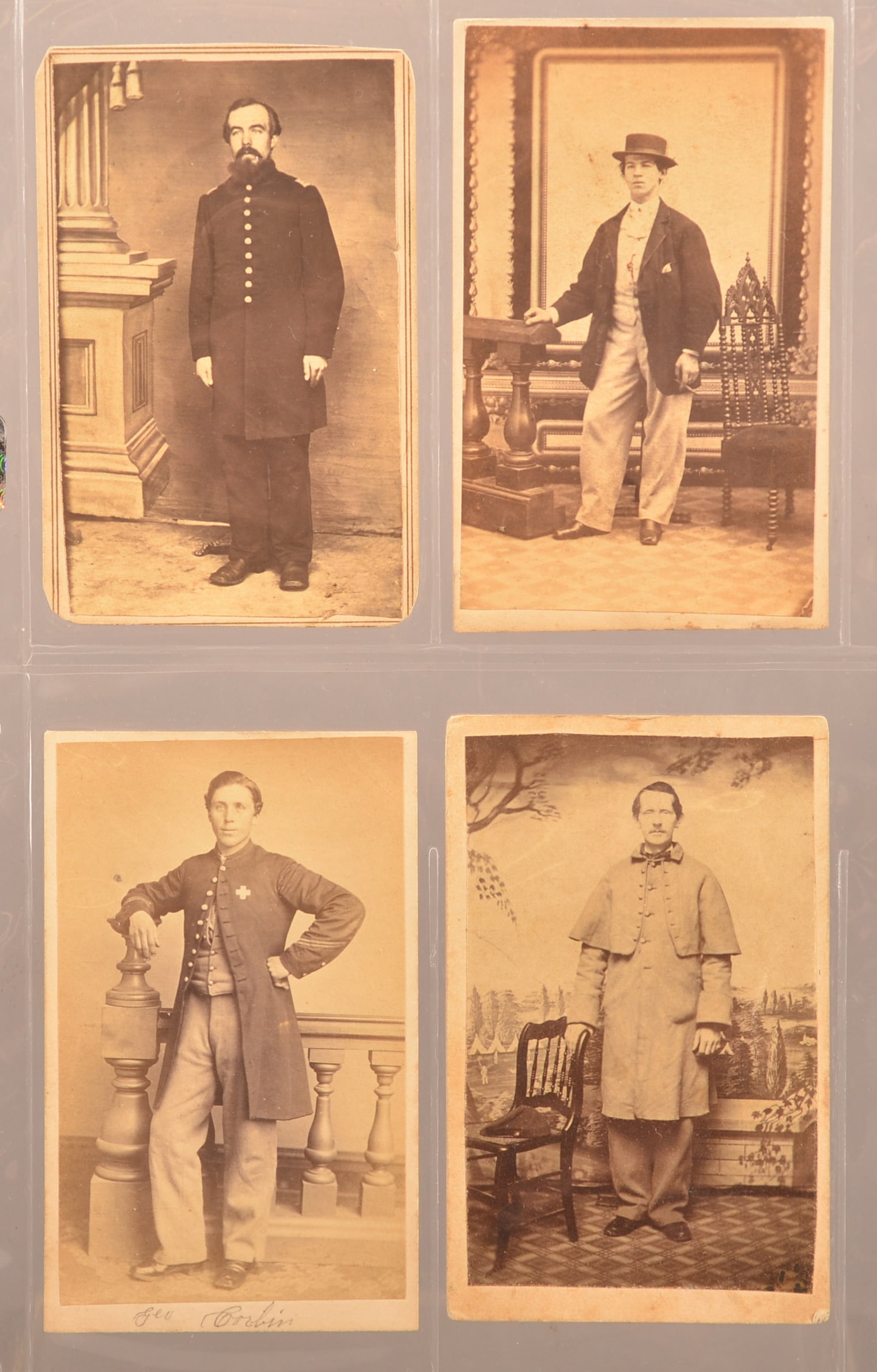Group of Civil War CDV's: Full standing view of Union private with veteran stripes signed at bottom "Geo Corbin" and wearing a large 6th Corps badge. Worthy of further research. Backmark by Addis/Marvin, Washington, DC. Full s