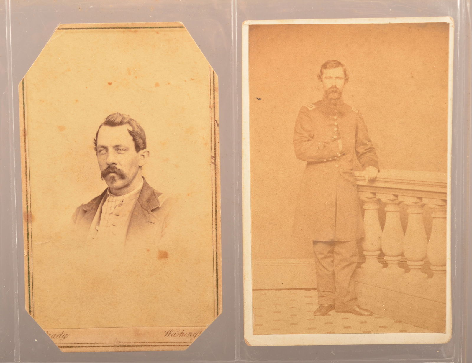 2 CDV Civil War Officer Images 47th Pennsylvania: Full standing view of Captain Coleman Keck. Nicely ink signed on reverse " C A G Keck Capt I Co 47th RPV Allentown Penna". No photographer's mark. Bust view with nice tones of Lt Theodore Mink also of