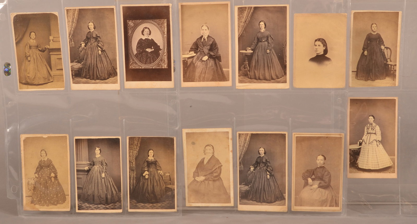 Collection of 14 Civilian Views of Women: Several images are identified, with various PA backmarks, one noted as being the wife of "Corp Albertson 8th Pa Cav".