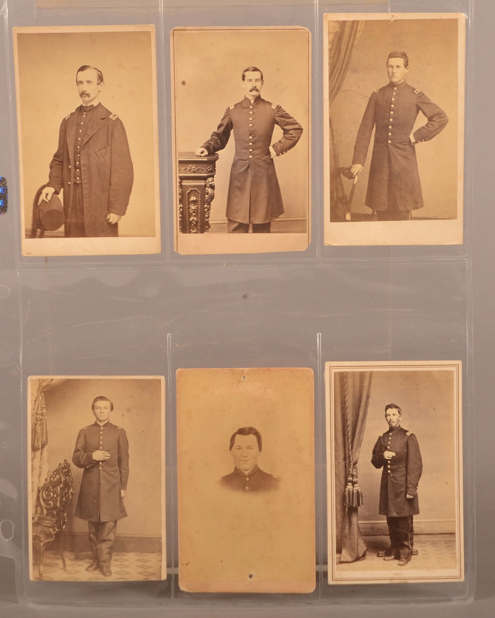 6 CDV's of Unidentified Union Officers: 6 images total, Philadelphia backmarks, one possibly a dead letter office image with pin holes at top and bottom.
