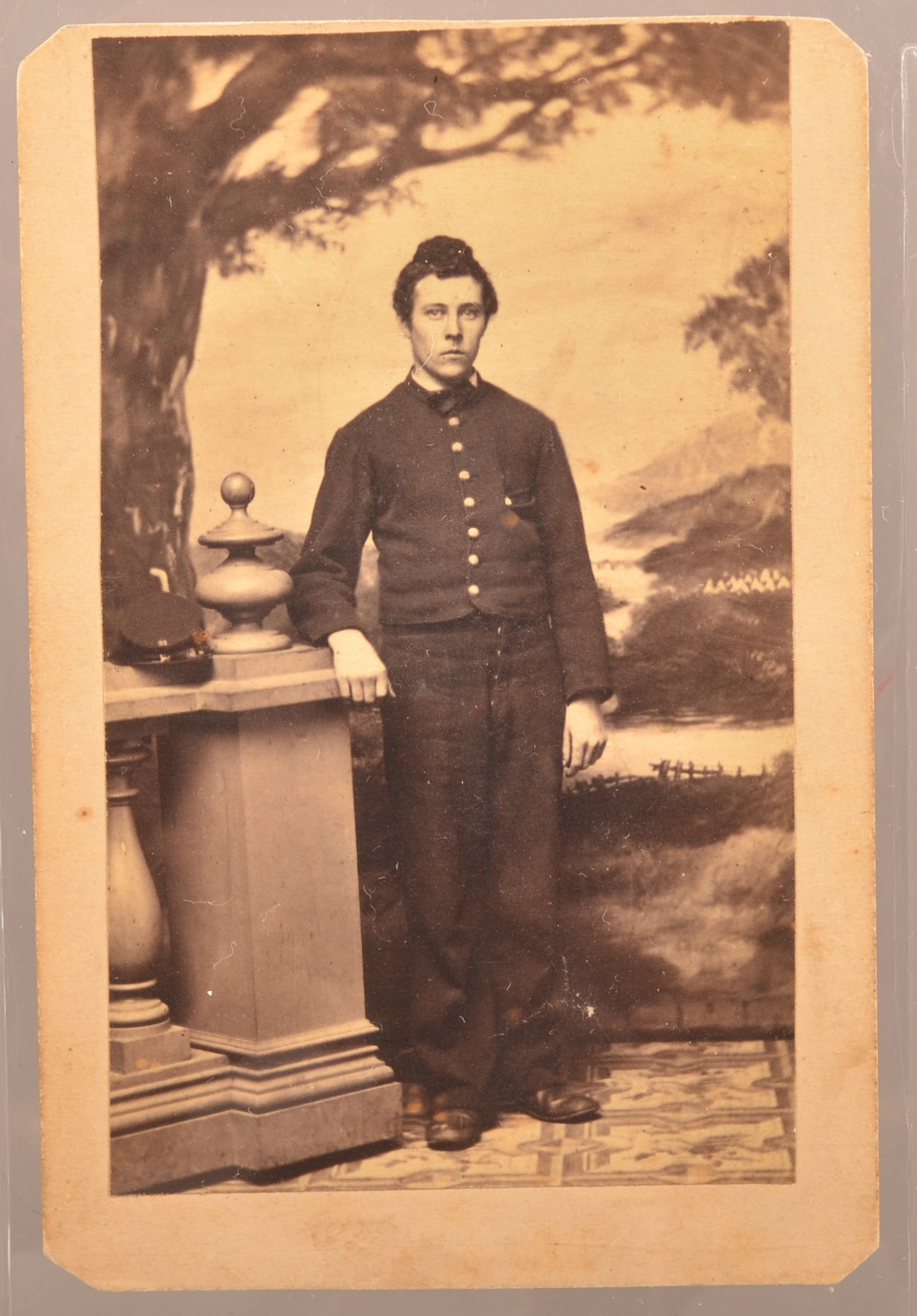 Gettysburg Veteran 57th Penna. Civil War CDV: Full standing view taken by Wolff's Gallery in Washington, DC. Nicely signed in pencil on reverse "George McMullen, 57th P Volunteers". A member of Company E, rising to the rank of Sergeant, he is lis