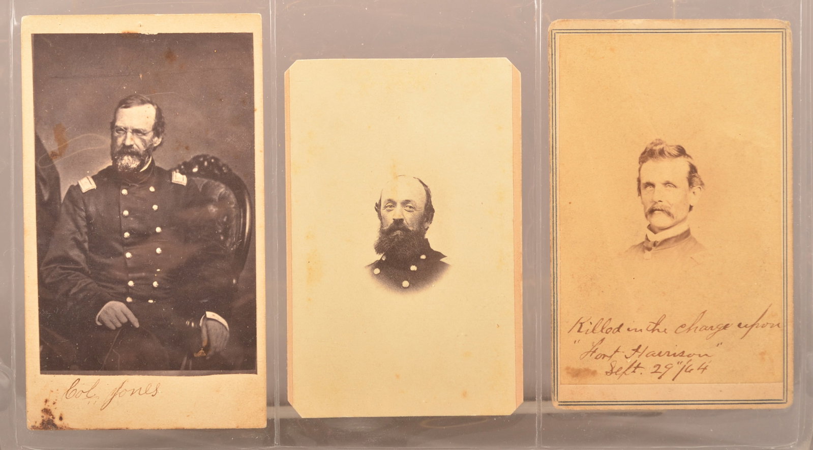 3 Identified CDV's from the 58th Pennsylvania: Bust view taken by McClees, Philadelphia, ink signed on rear "Truly Yours Theodore Blakely Capt 58 PV" and a wonderful ink notation on front "Killed in charge upon Fort Harrison Sept 29/64". Bust view
