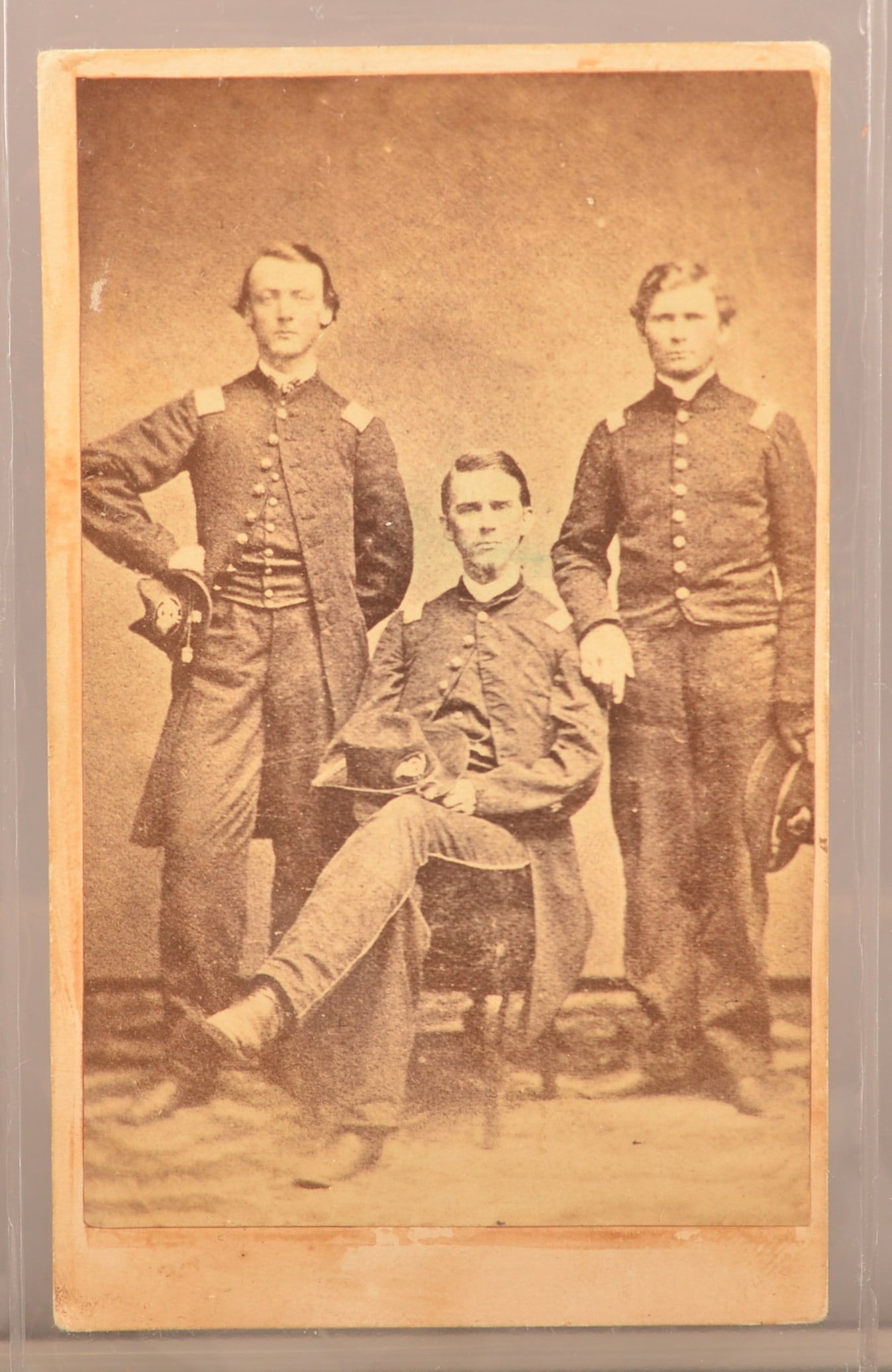 CDV of 48th Penna. Schuylkill Co. Union Officers: Very nice posed group photo of 3 officers identified from a duplicate image in the collection of John D Hoptak who published a book with this photo on the letters of Lt Curtis Pollock. L-R Lt Curtis P