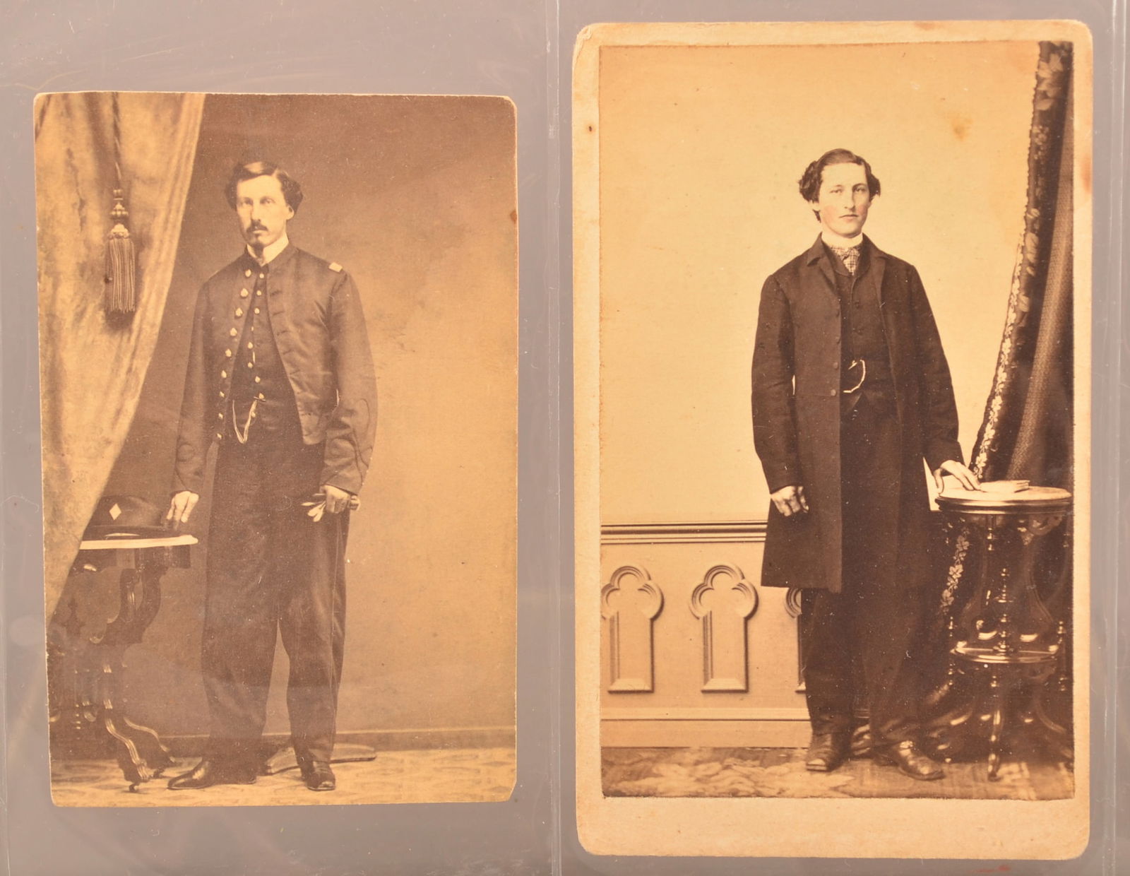 2 CDV's of Jonathan T. Rorer, Co I 138th Penna.: Trimmed full standing view with 3rd Corps badge on cap taken by Lenzi, Norristown Pa. Ink signed on reverse "J T Rorer Brev Maj Civil War Co I 138 Pv Pa" with later collector's note in pencil. 138th w