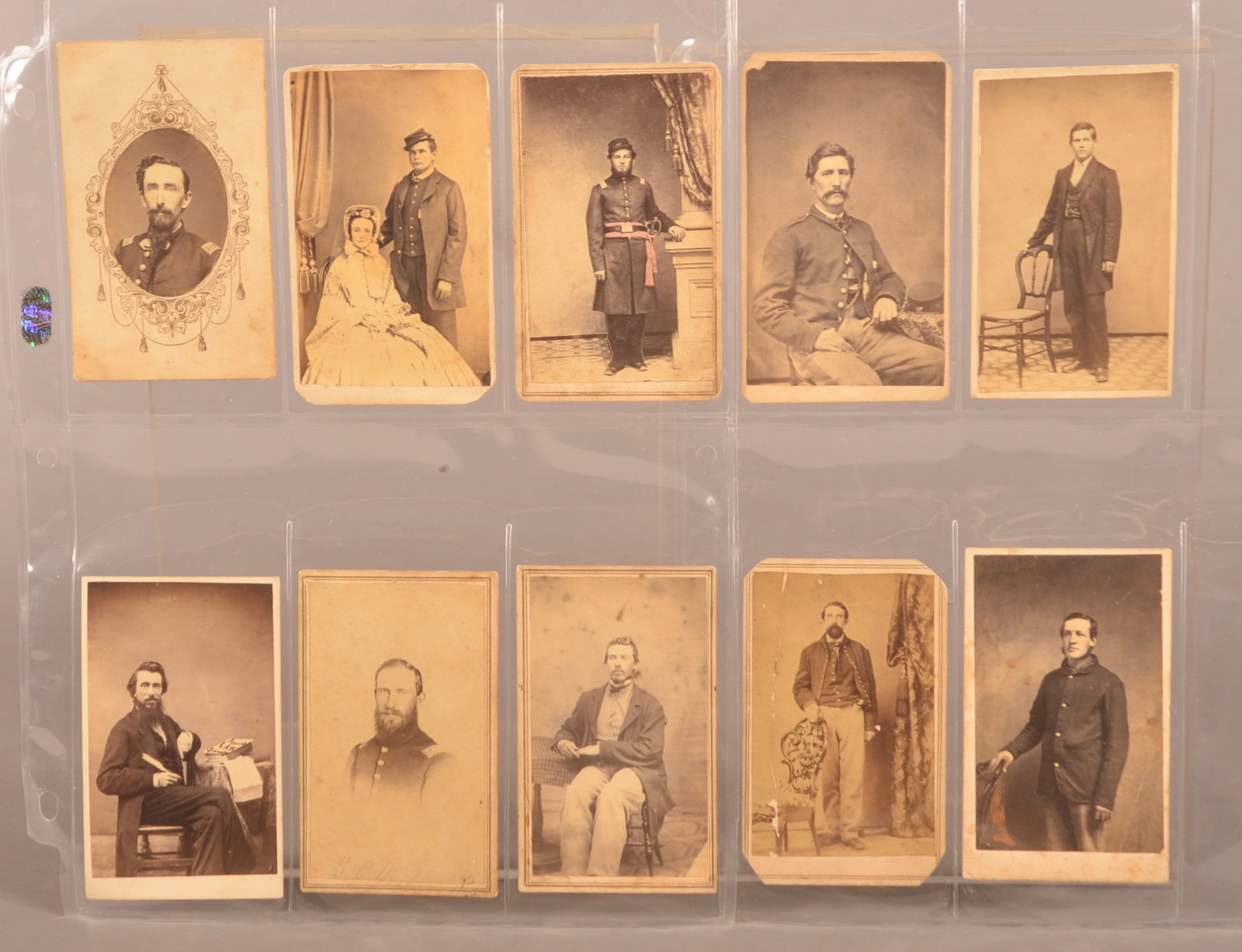Group of 10 PA Civil War CDV's, Some Identified: Full standing CDV (damage to mount) of an unidentified Corporal wearing a Zouave jacket, possibly 95th Pennsylvania. Taken by Searby, Philadelphia. Standing view in 4-button sack coat, possibly of Elm